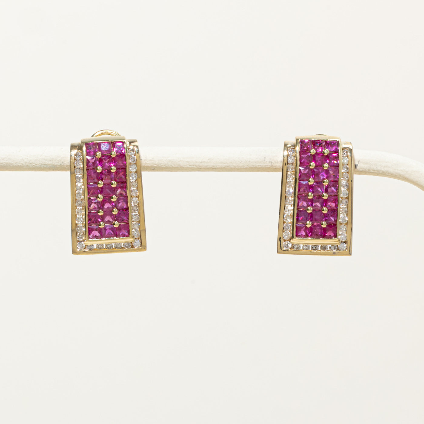 14k Synthetic Ruby & Diamond Grid Stud Earrings | 3.30ctw, 0.30ctw
