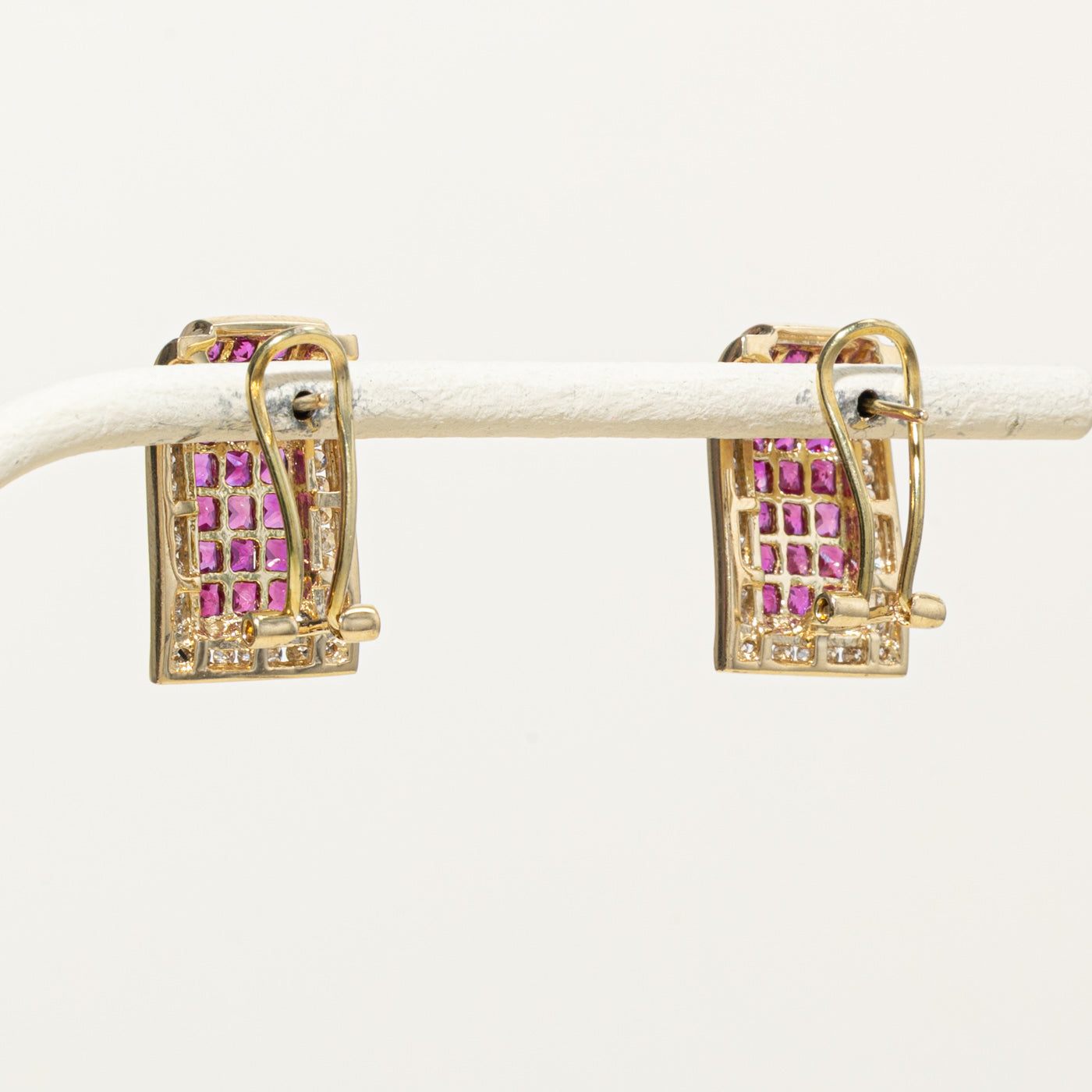 14k Synthetic Ruby & Diamond Grid Stud Earrings | 3.30ctw, 0.30ctw