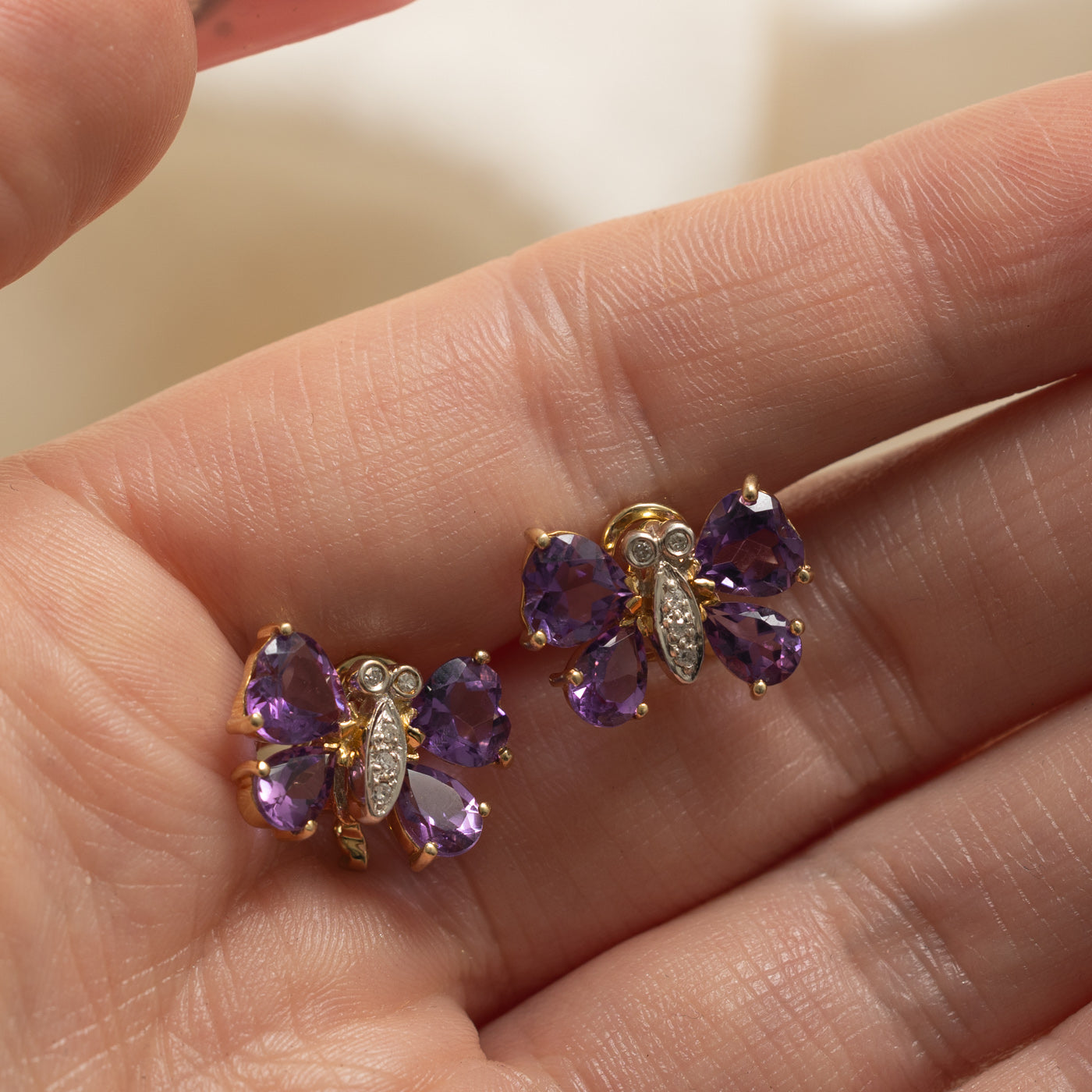 14k Amethyst & Diamond Butterfly Stud Earrings | 4.00ctw, 0.50ctw