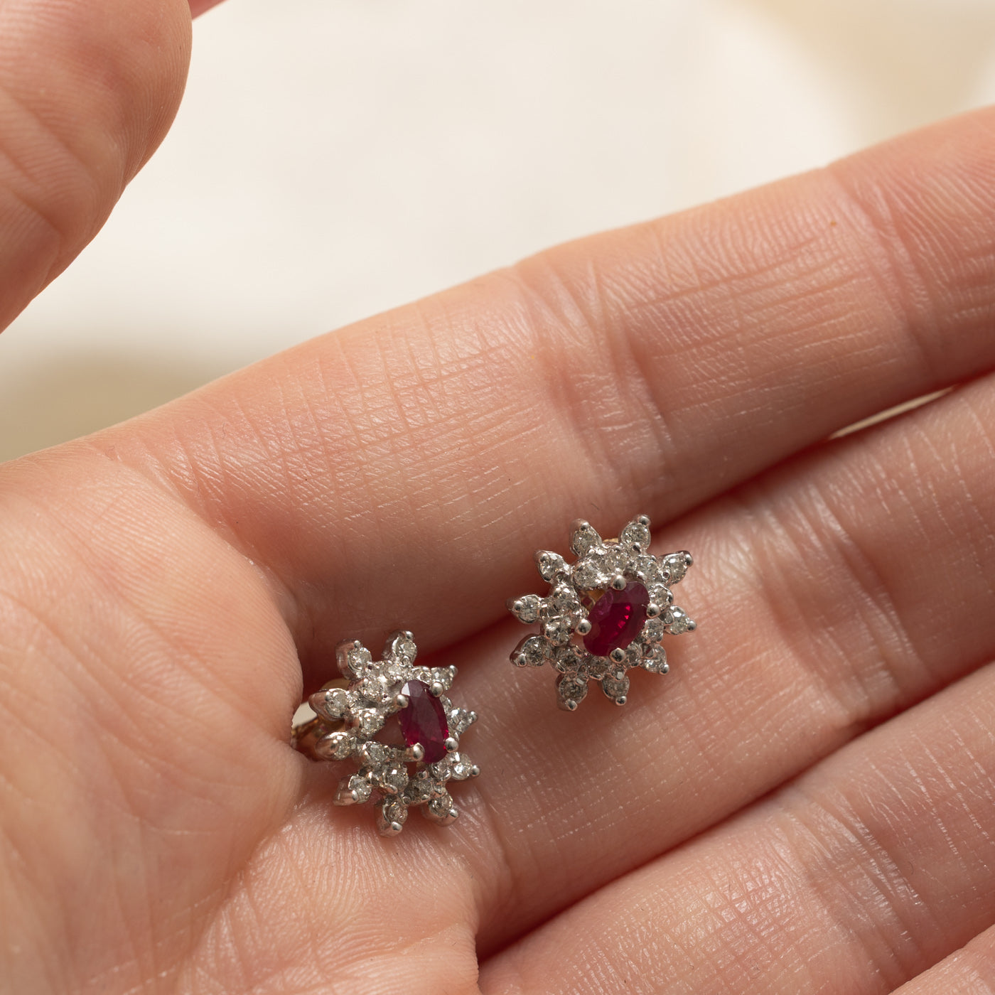 14k Ruby & Diamond Petal Halo Stud Earrings | 0.50ctw, 0.30ctw