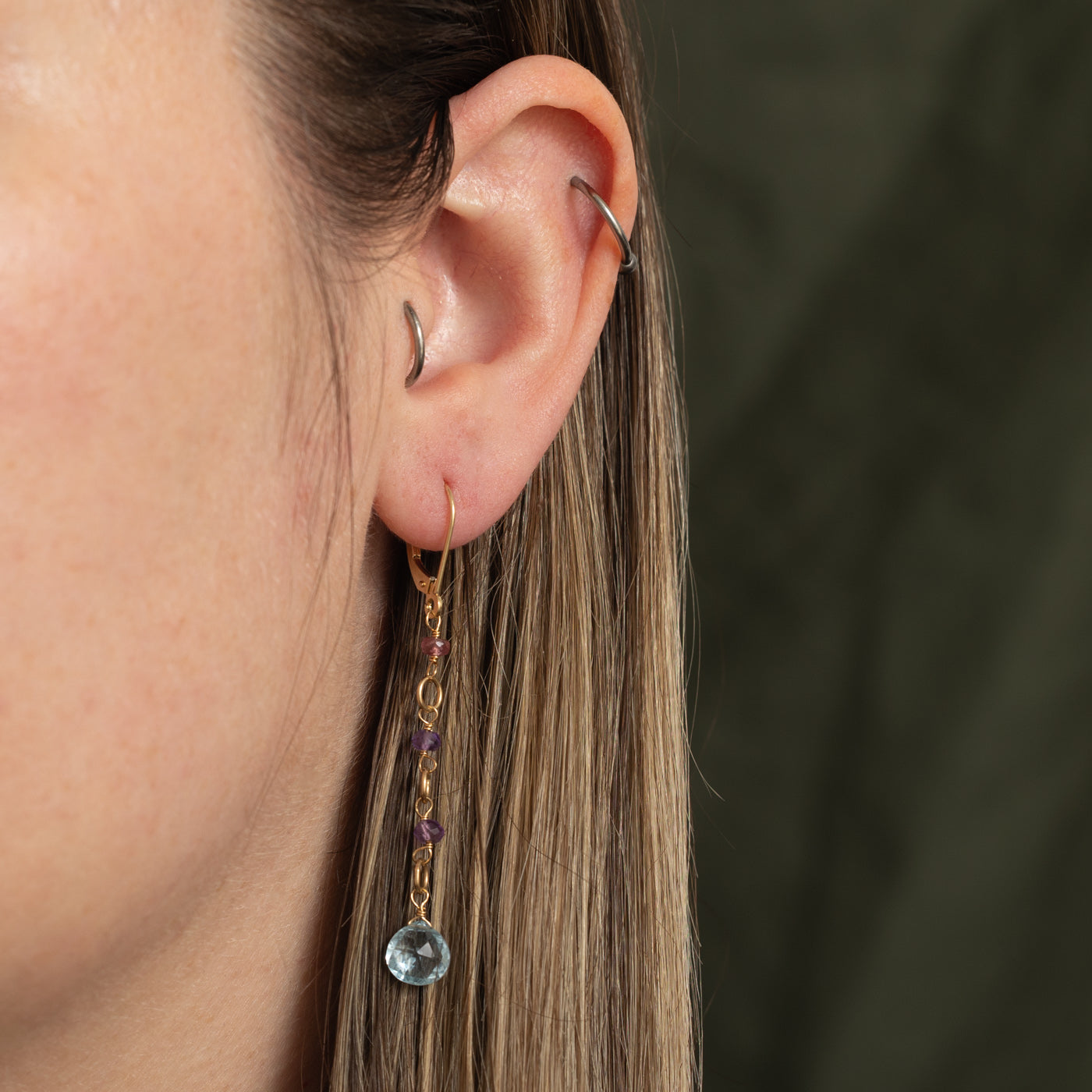 14k Amethyst, Aquamarine & Tourmaline Drop Earrings | 3.80ctw