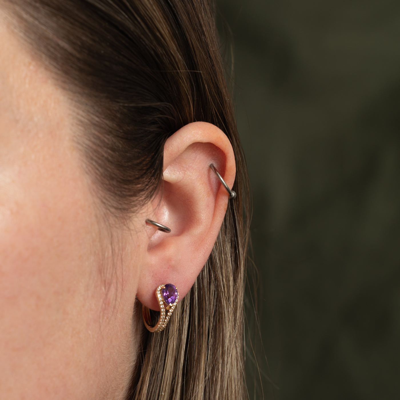 14k Amethyst & Diamond Hoop Earrings | 1.50ctw, 0.16ctw