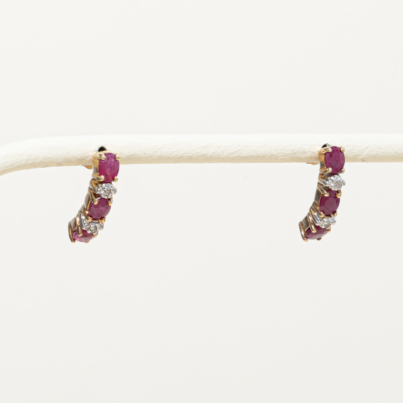 10k Ruby & Diamond Half Huggie Earrings | 1.00ctw, 0.02ctw