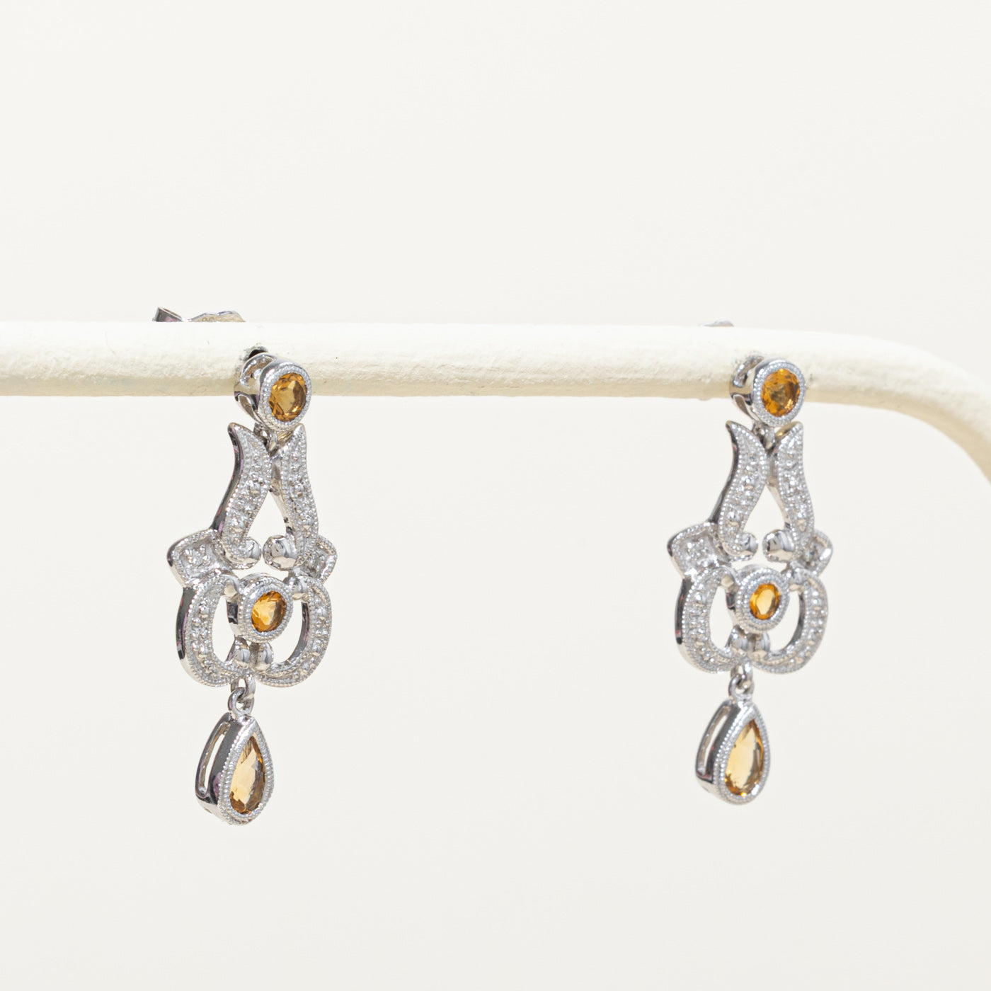 10k Citrine & Diamond Ornate Drop Earrings | 0.60ctw, 0.02ctw