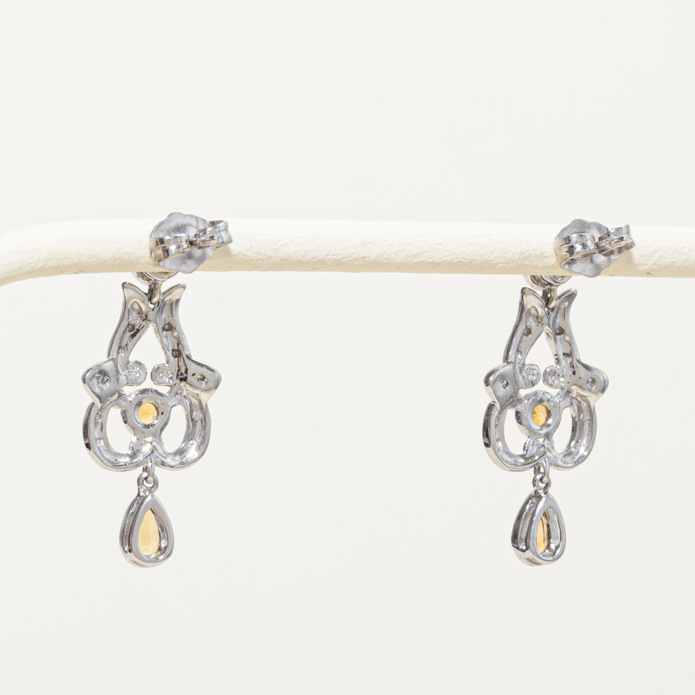 10k Citrine & Diamond Ornate Drop Earrings | 0.60ctw, 0.02ctw