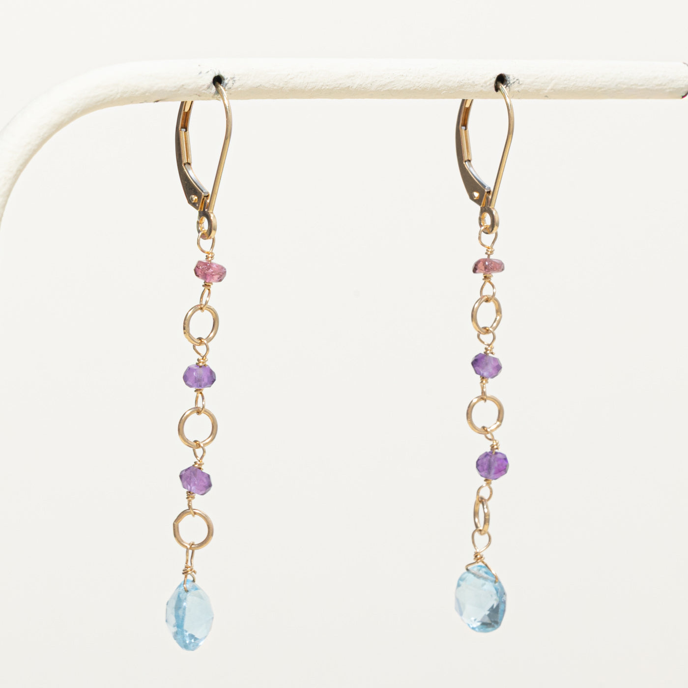 14k Amethyst, Aquamarine & Tourmaline Drop Earrings | 3.80ctw