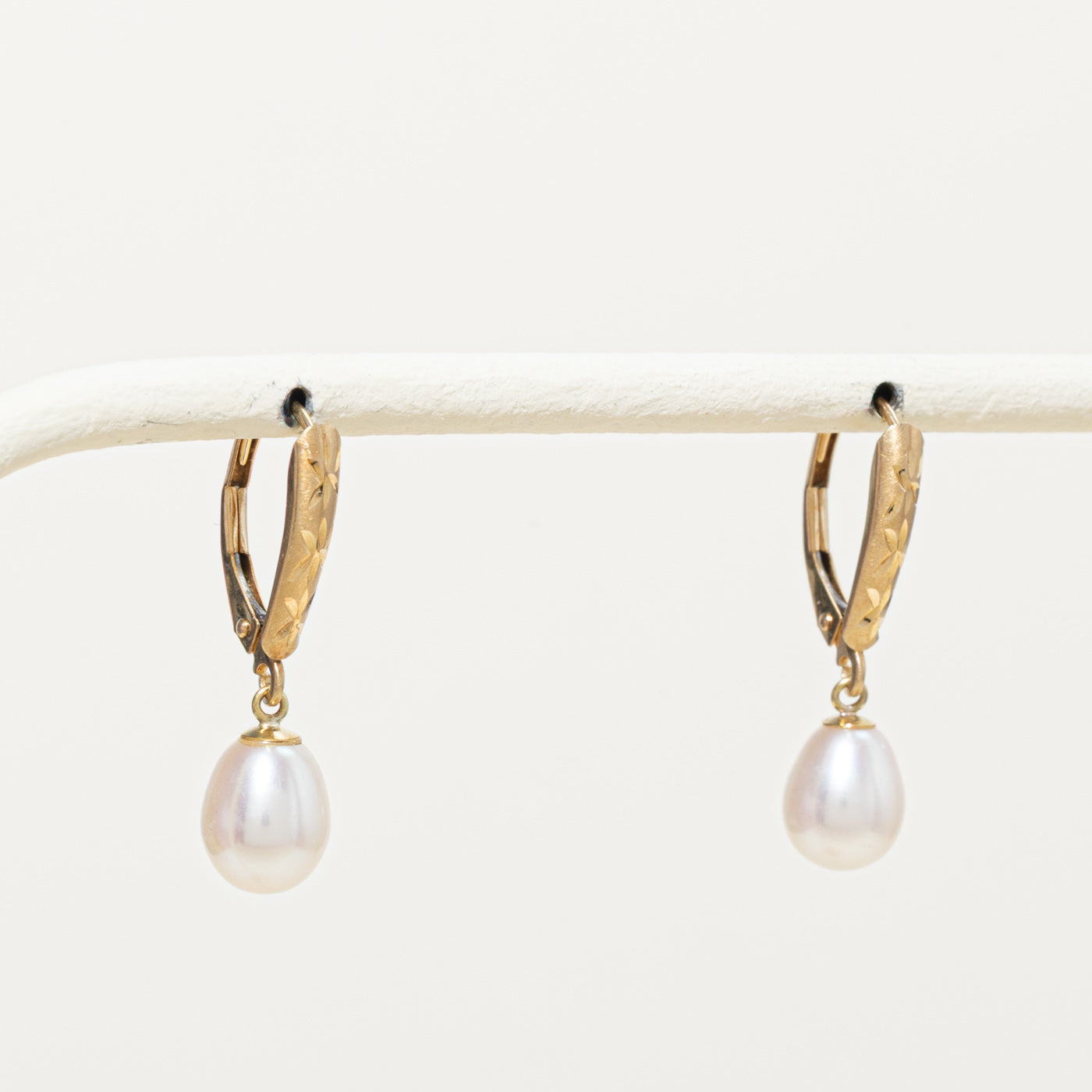 14k Pearl Engraved Drop Earrings