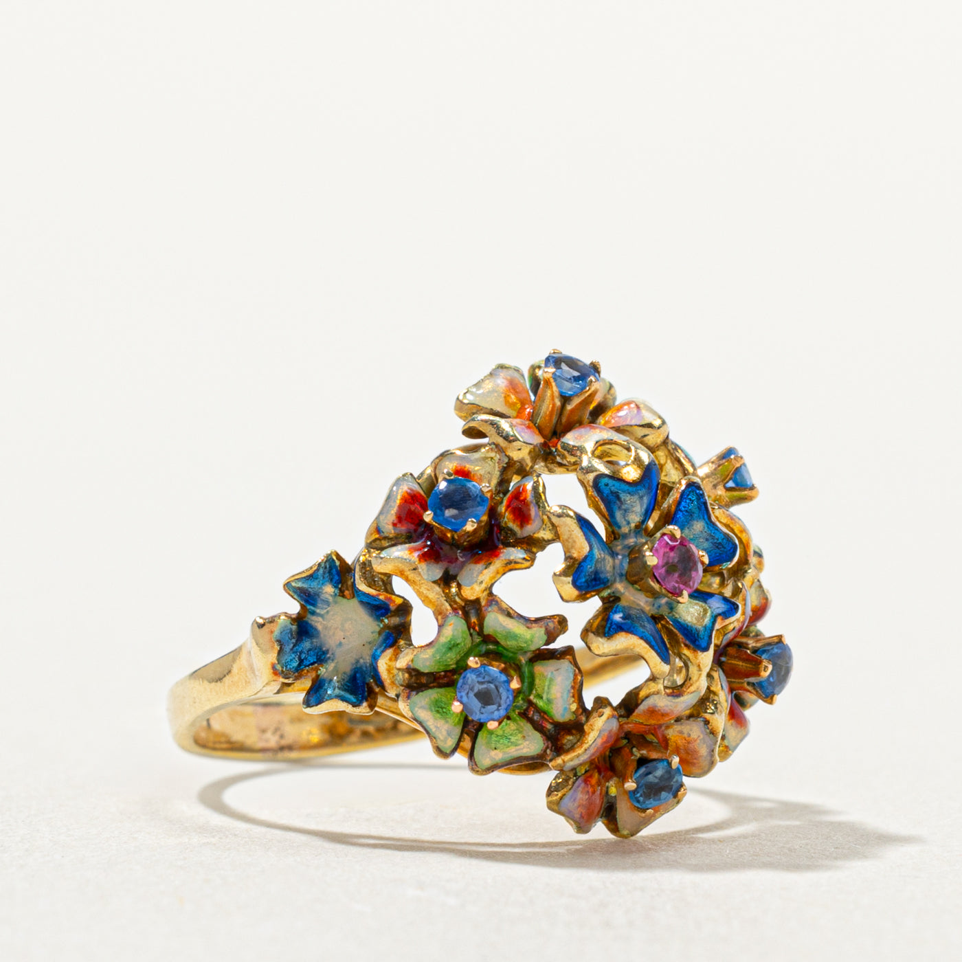 Art Nouveau 18k Enamel, Sapphire and Ruby Floral Cluster Ring | 0.03 ctw, 0.15ctw | SZ 5.25