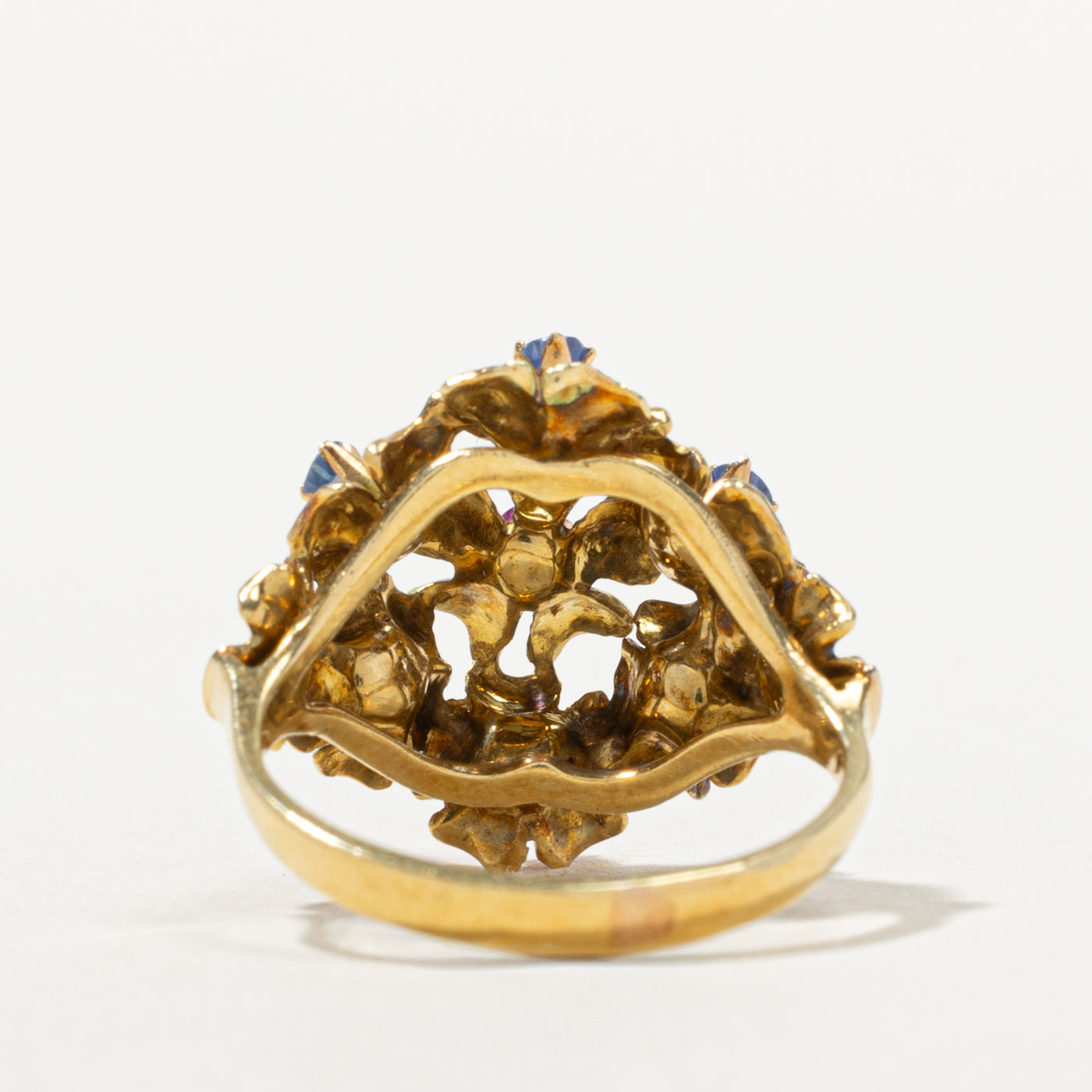 Art Nouveau 18k Enamel, Sapphire and Ruby Floral Cluster Ring | 0.03 ctw, 0.15ctw | SZ 5.25