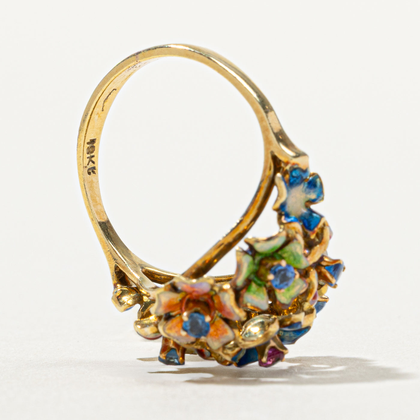 Art Nouveau 18k Enamel, Sapphire and Ruby Floral Cluster Ring | 0.03 ctw, 0.15ctw | SZ 5.25
