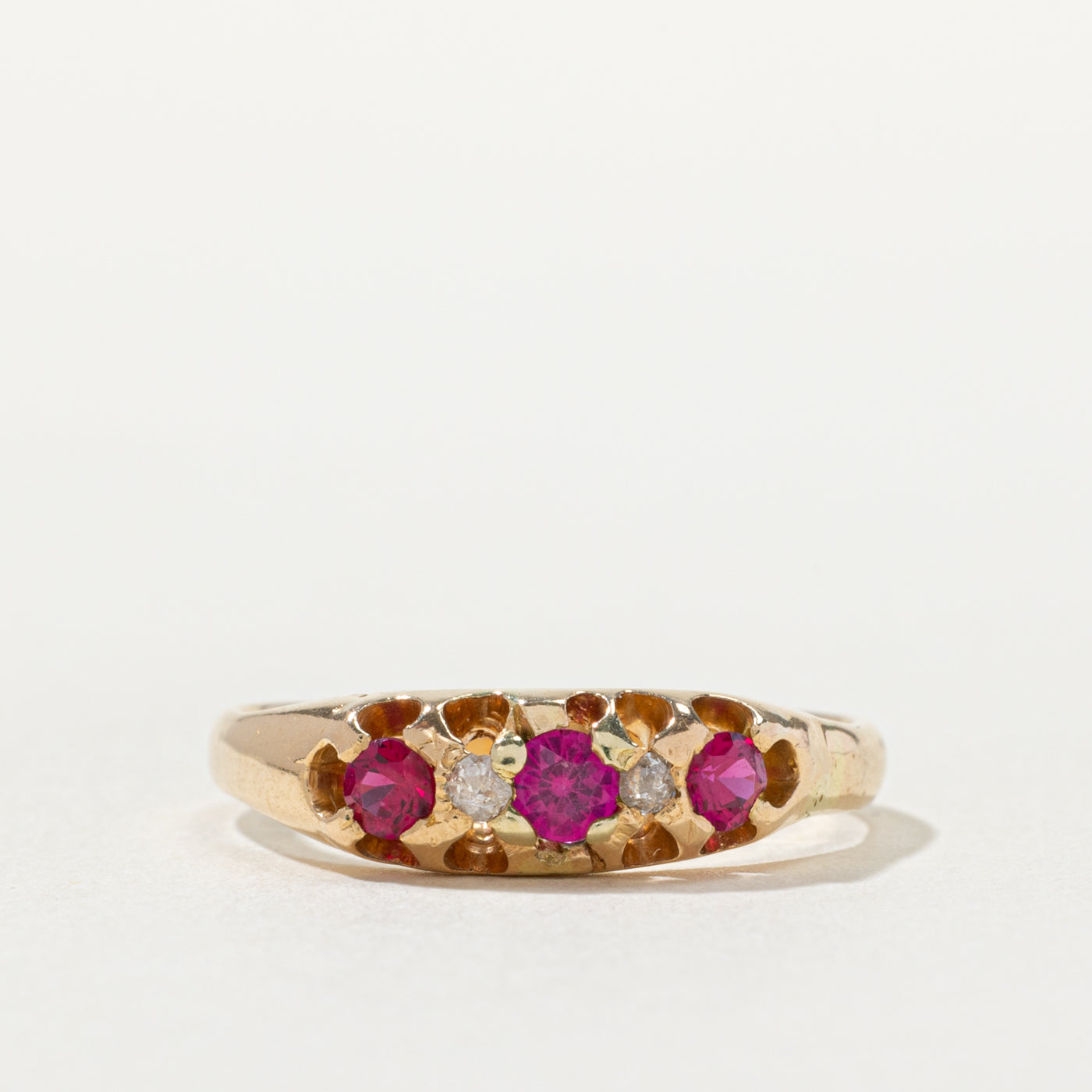 18k Synthetic Ruby & Natural Diamond Boat Ring | 0.35ctw, 0.06ctw | SZ 6.75