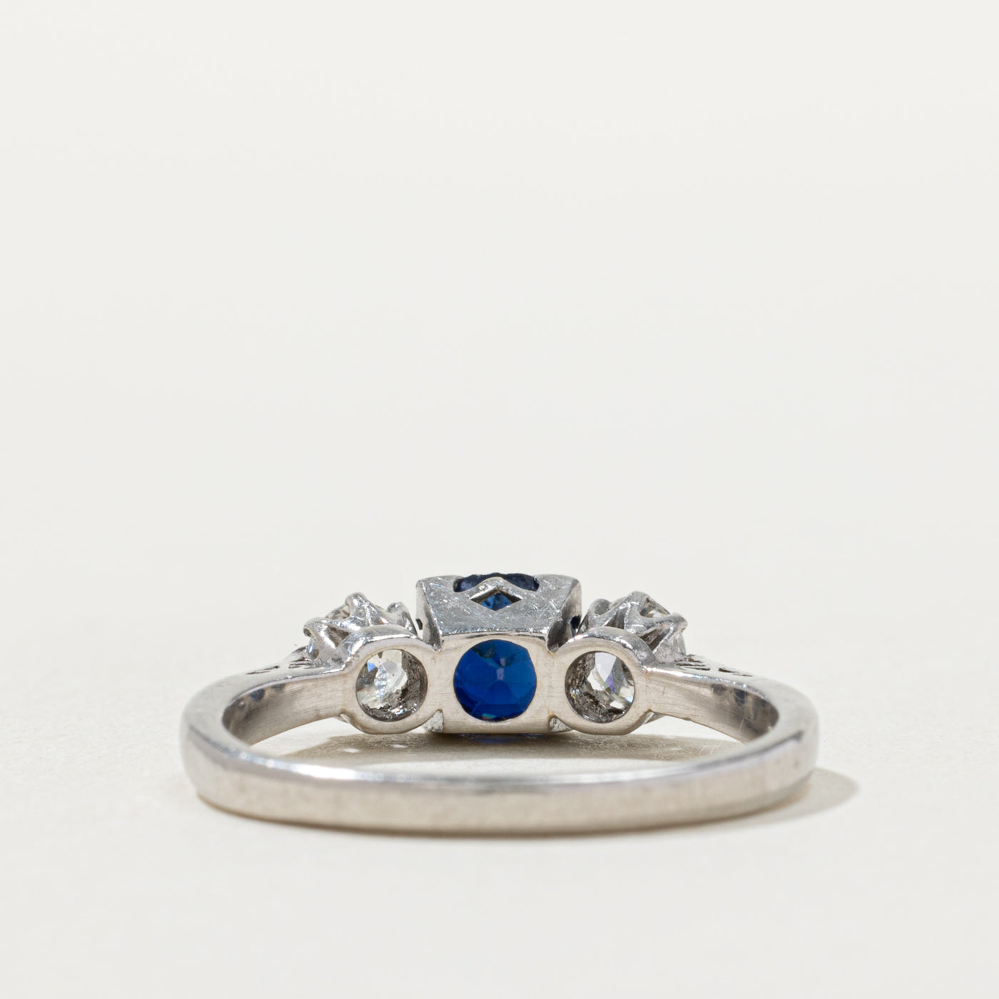 Art Deco 18k & Platinum Sapphire and Transitional Cut Diamond Ring | 0.60ct, 0.32ctw | SZ 6.5