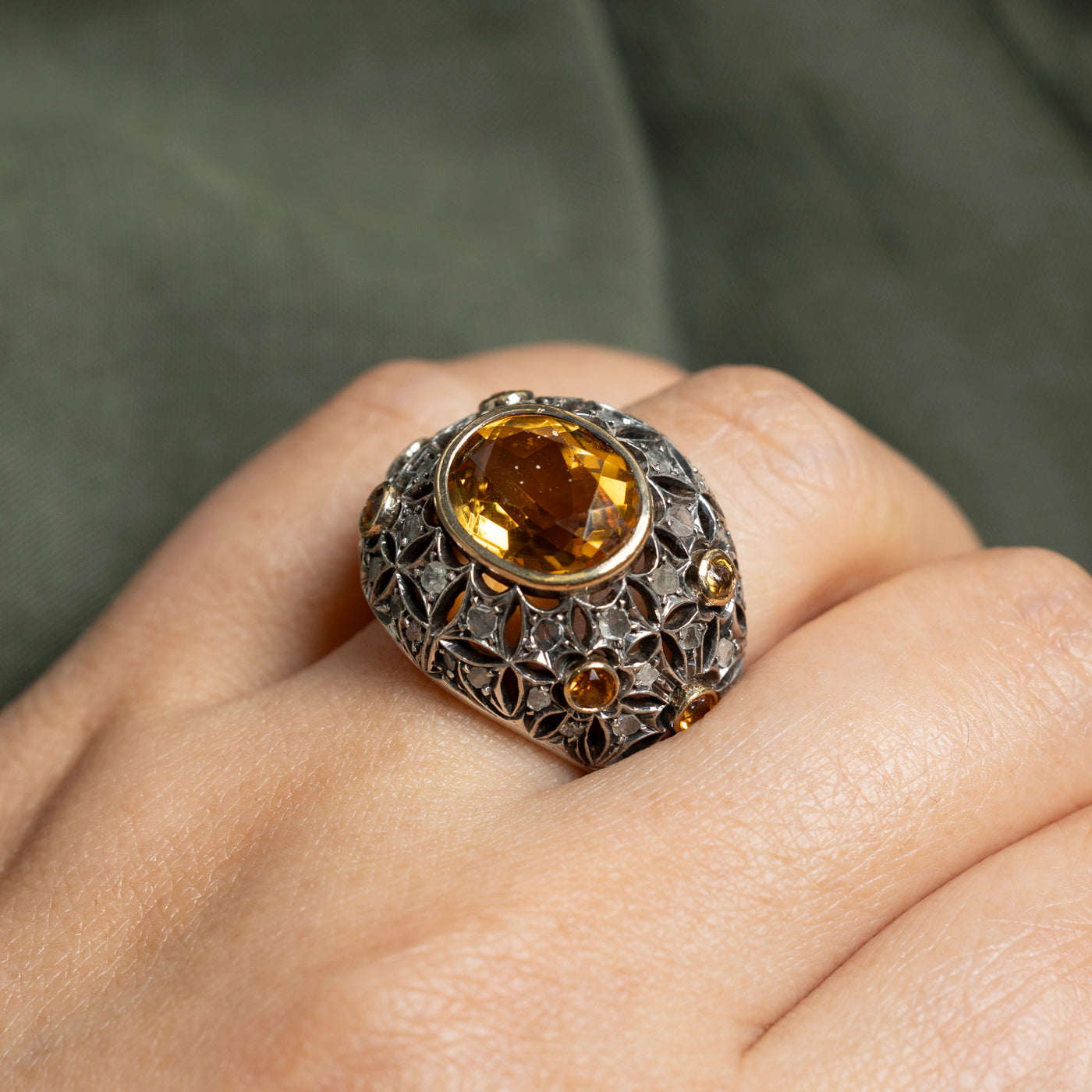 10k Citrine & Diamond Ornate Bombe Ring | 4.8ctw, 0.88ctw | SZ 8