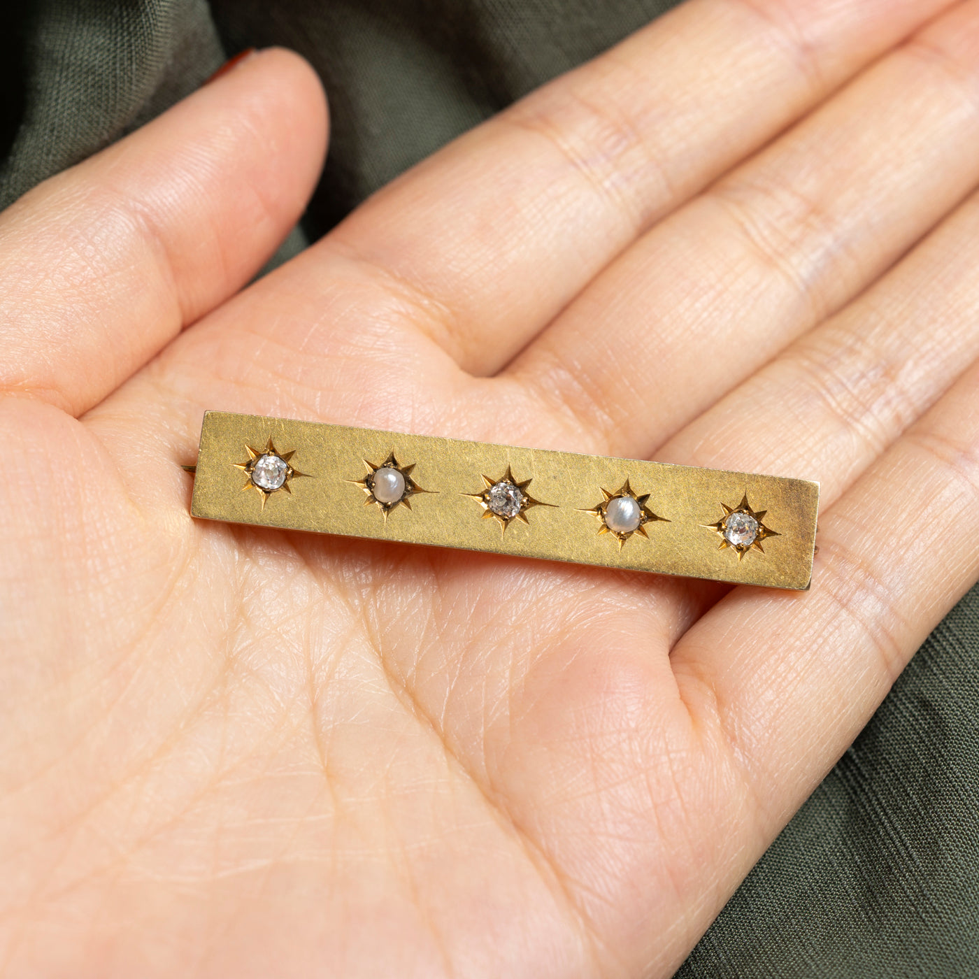 Victorian 14k Old Mine Diamond & Pearl Bar Brooch | 0.23ctw