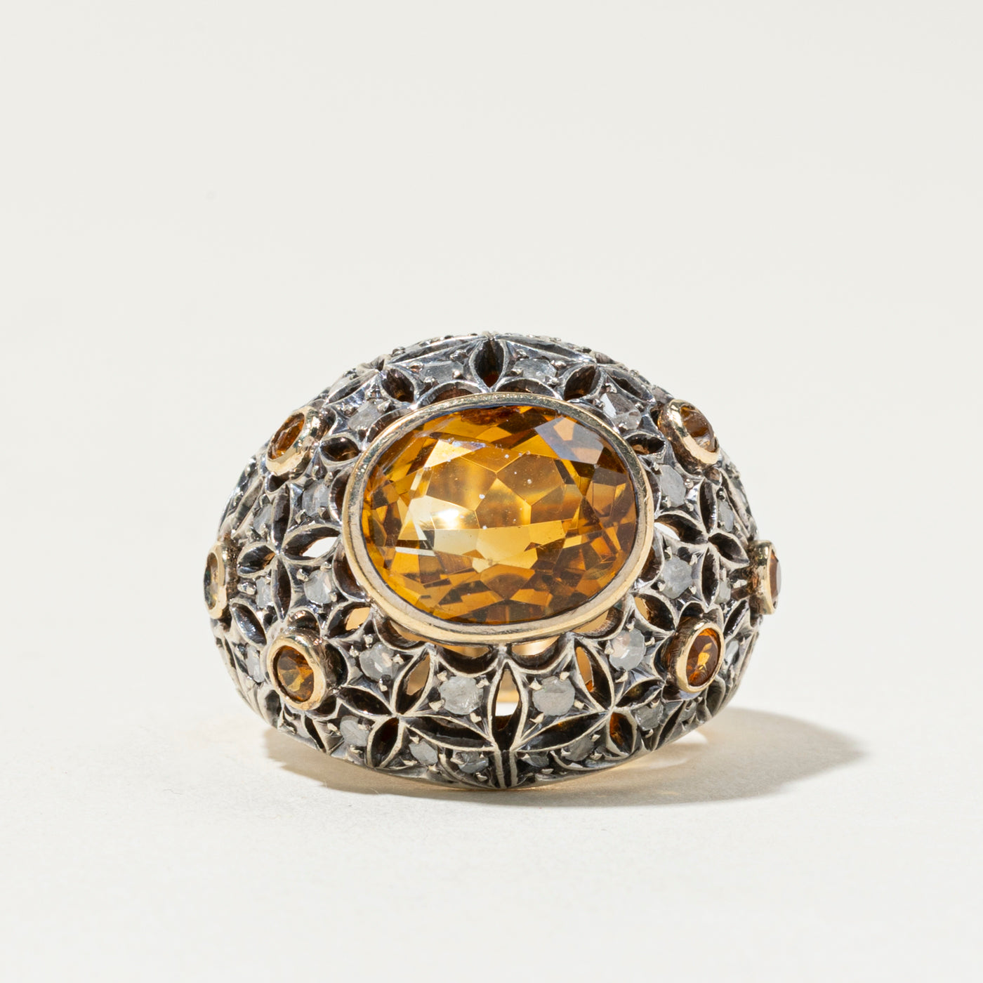 10k Citrine & Diamond Ornate Bombe Ring | 4.8ctw, 0.88ctw | SZ 8