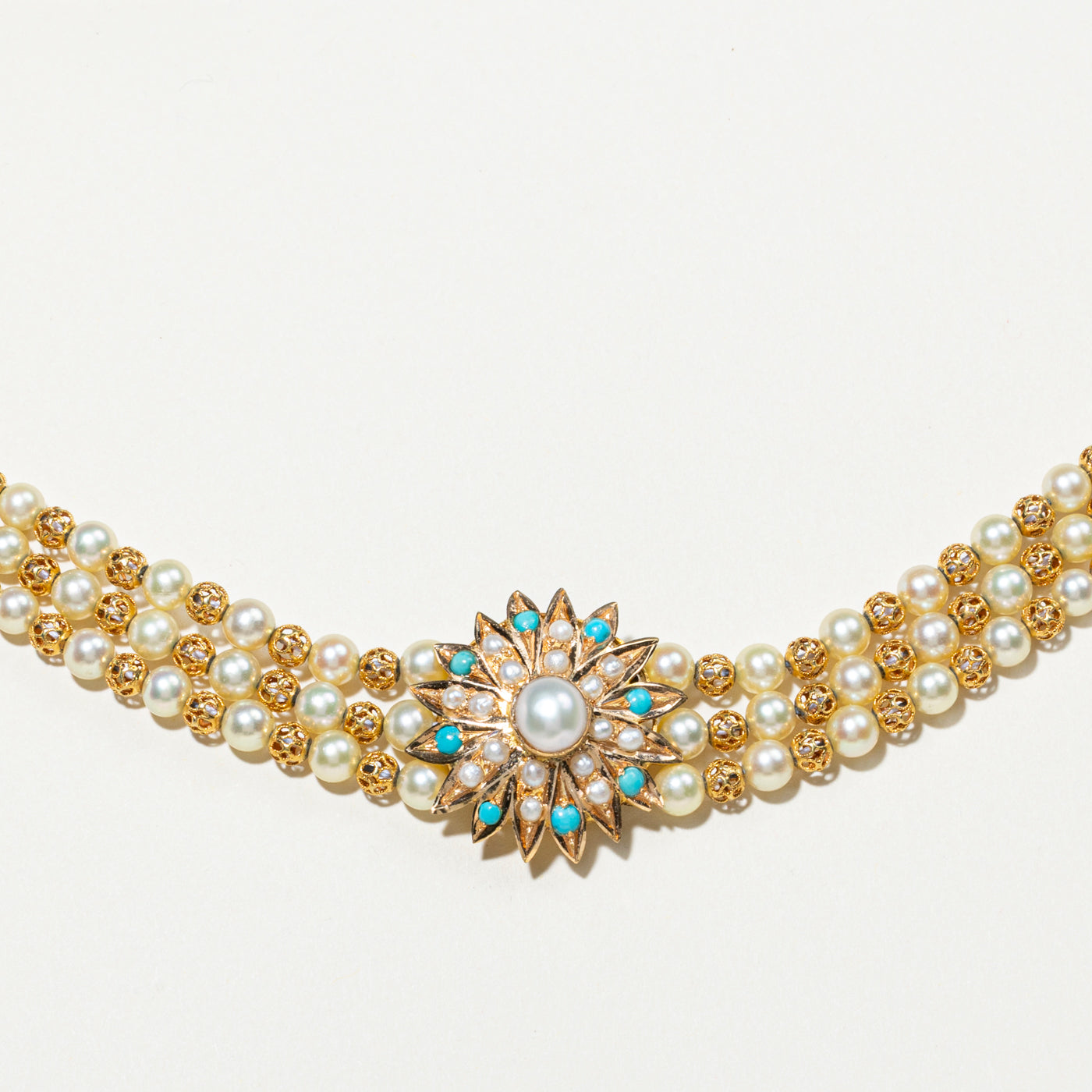 22k Turquoise & Pearl Floral Multi Layered Necklace | 13.5"