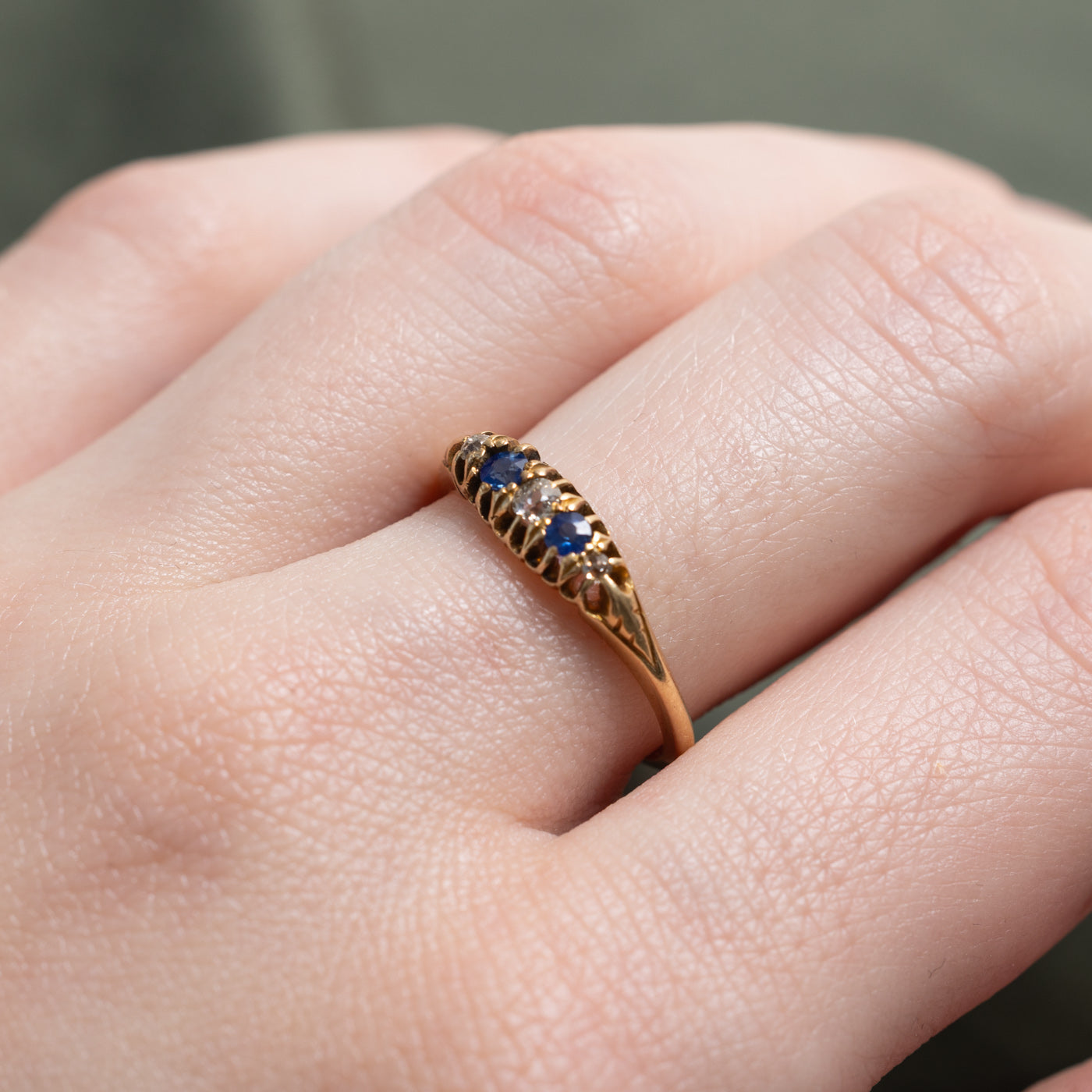 Antique UK 18K Sapphire & Diamond Boat Ring | 0.06ctw, 0.10ctw | SZ 6.5