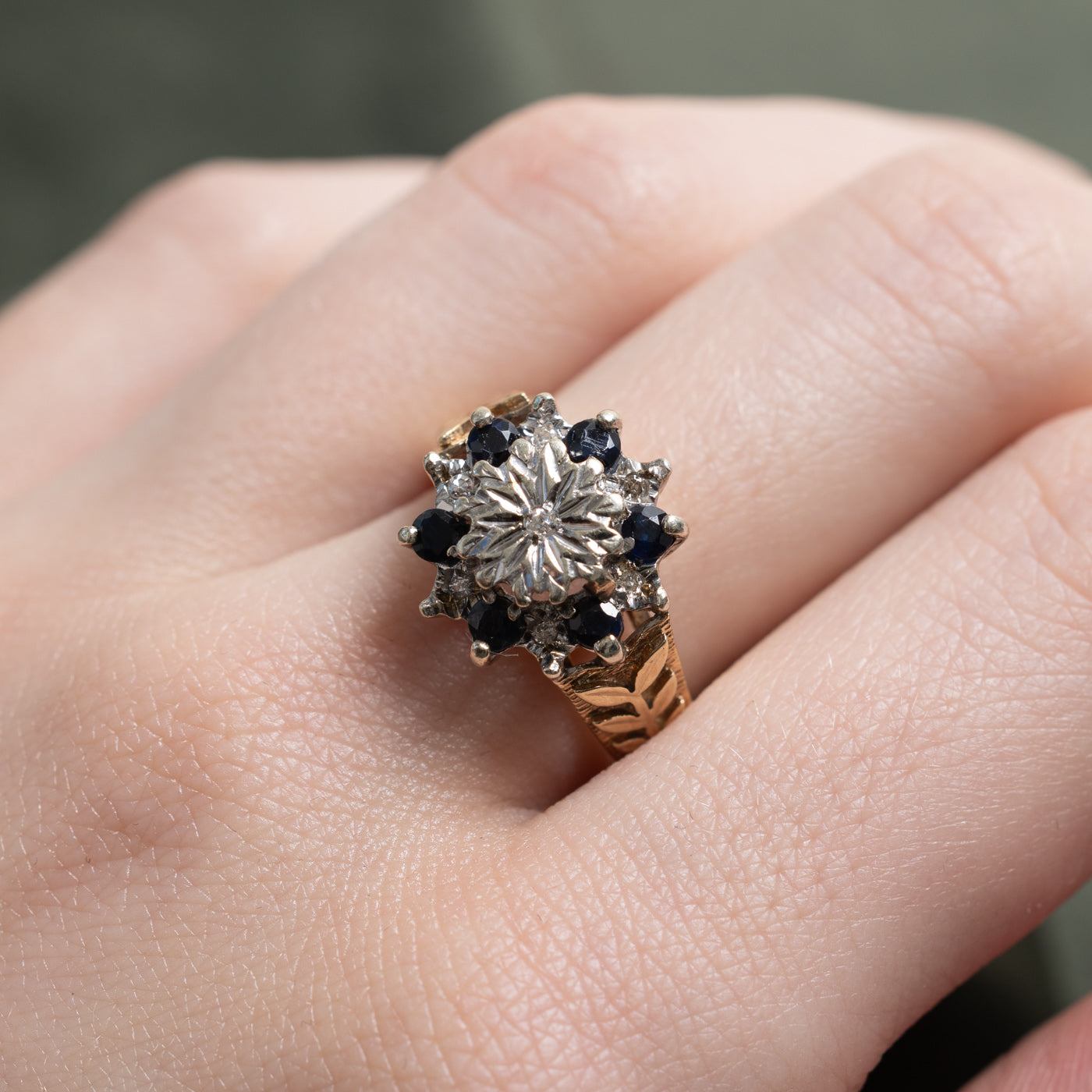 1978 London 9K Sapphire & Diamond Floral Cluster Ring | 0.30ctw, 0.04ctw | SZ 7.5