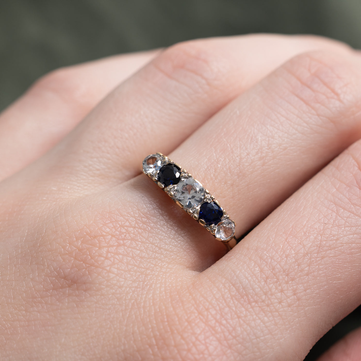 1978 Birmingham 9K Five Stone Glass & Synthetic Sapphire Ring | 0.99ctw | SZ 7.25