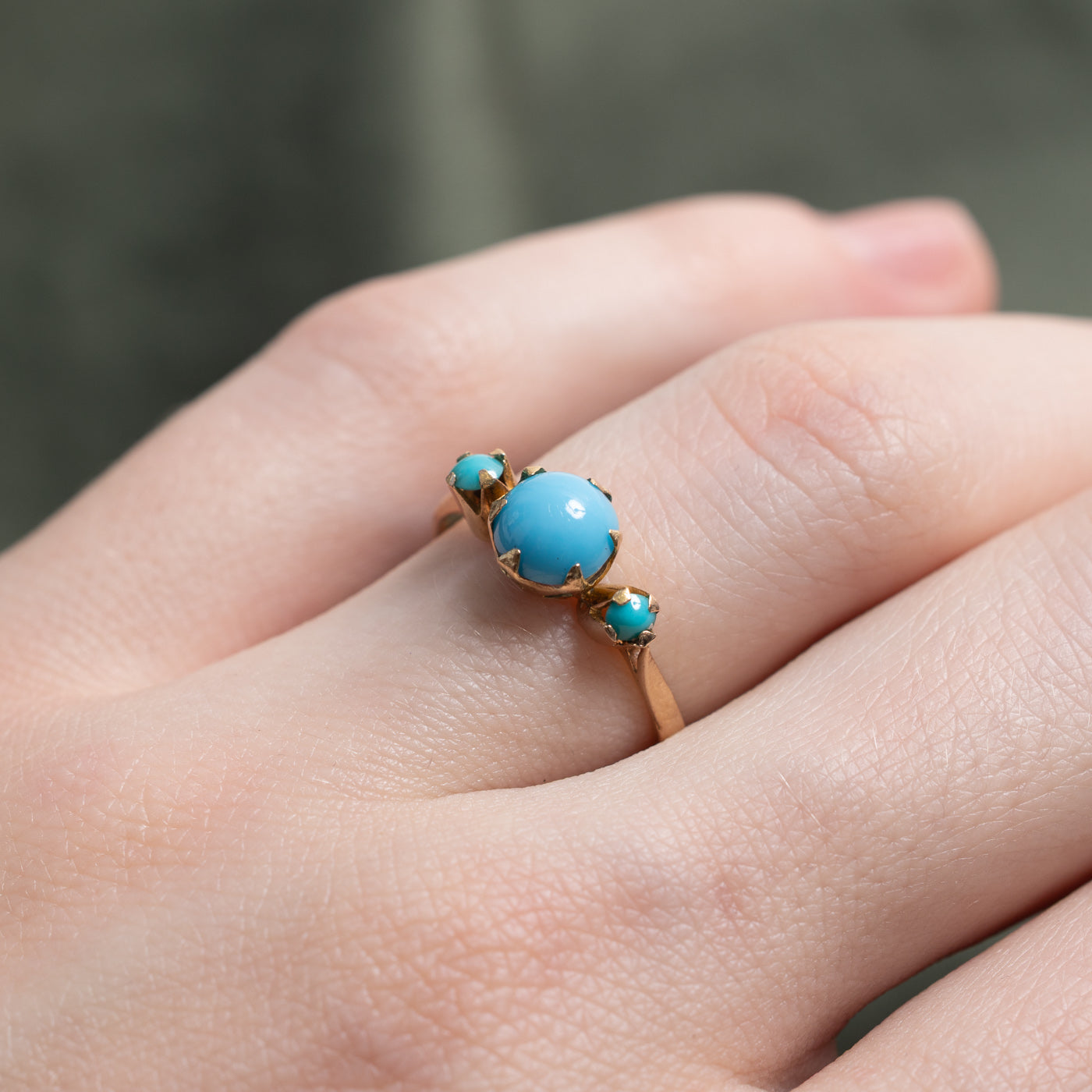 1950s Egyptian 18K Three Stone Imitation Turquoise Ring | 1.0ctw | SZ 5.5