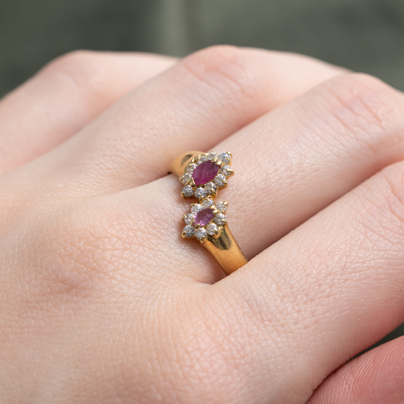 Italian Toi et Moi Marquise Cut Ruby & Diamond Halo Ring | 0.15ctw, 0.25ctw | SZ 9