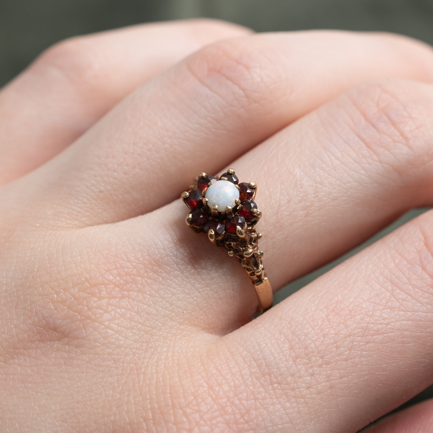 1976 London 9K Opal & Garnet Floral Cluster Ring | 0.49ctw | SZ 7