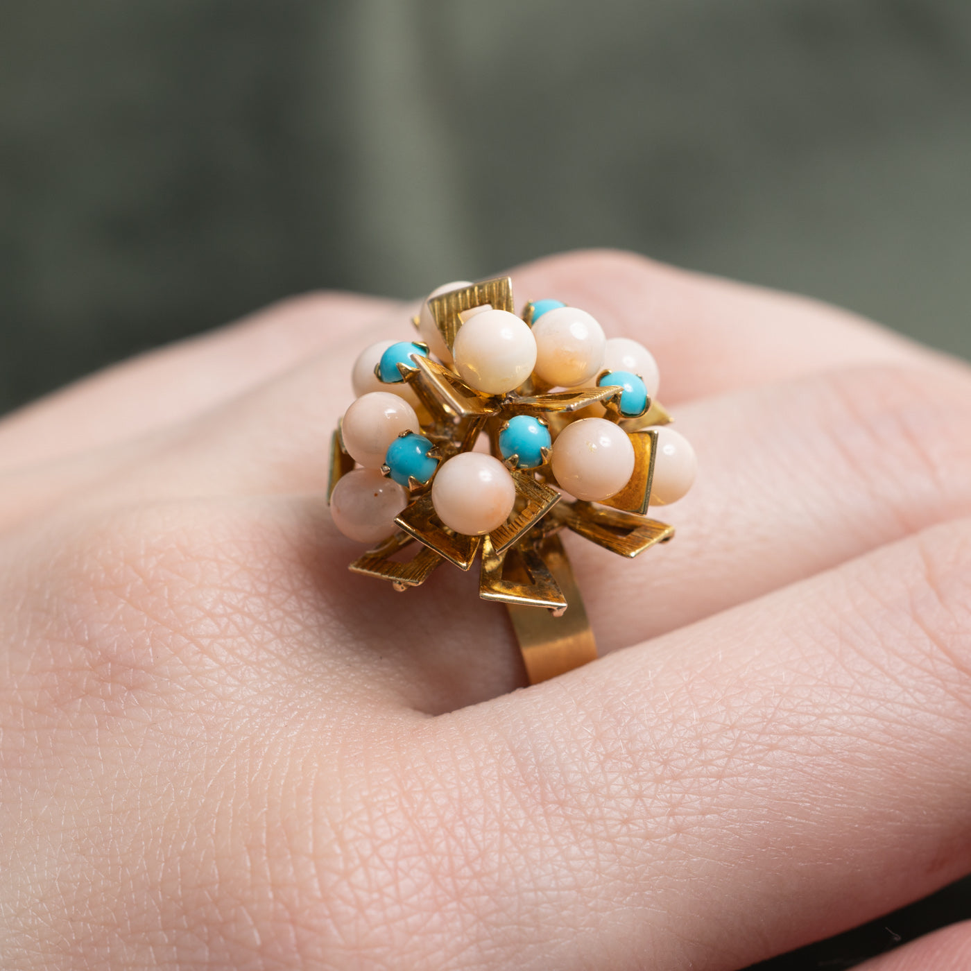 14K Imitation Coral & Imitation Turquoise Cluster Cocktail Ring | 0.60ctw | SZ 8
