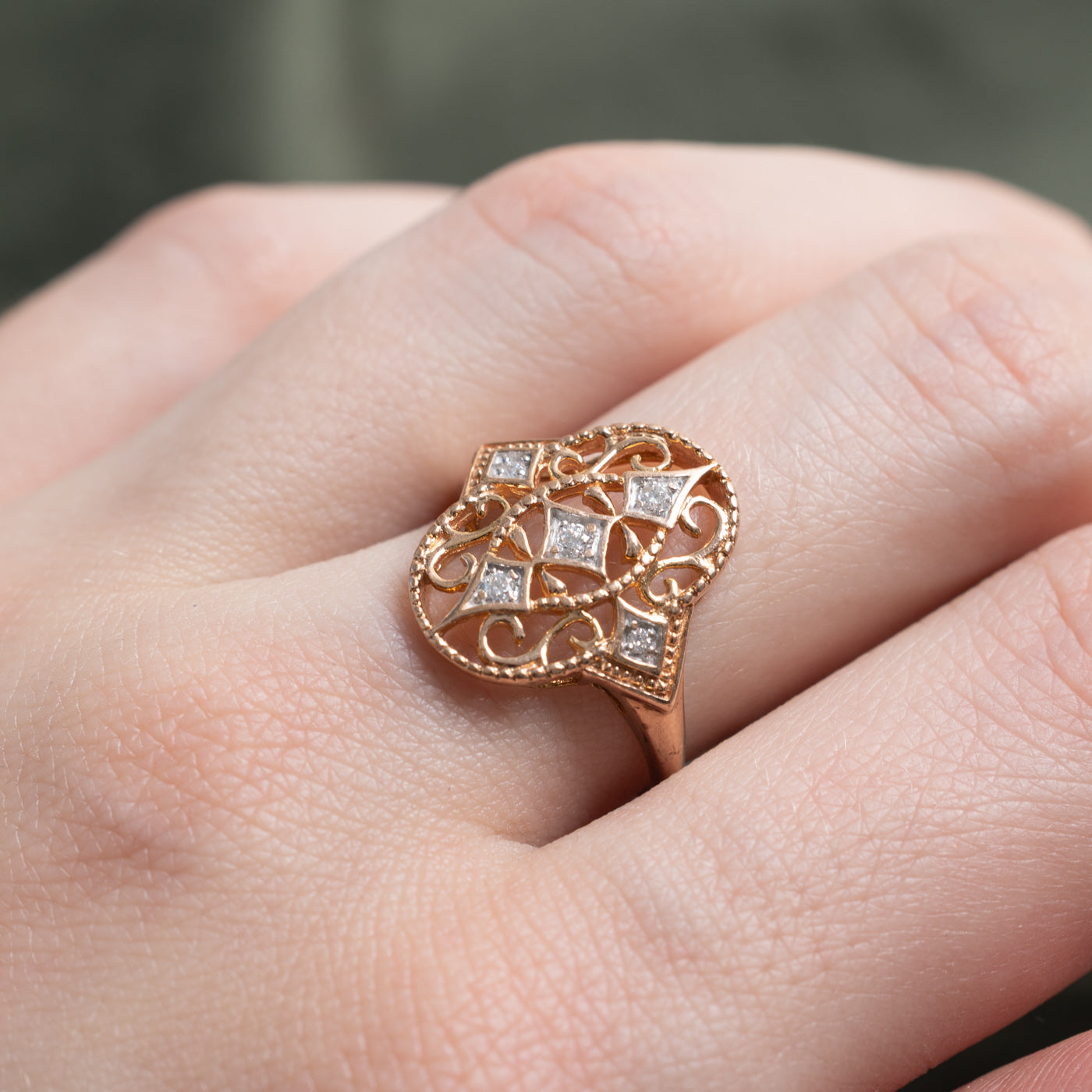 10K Rose Gold Diamond Scrollwork Ring | 0.07ctw | SZ7