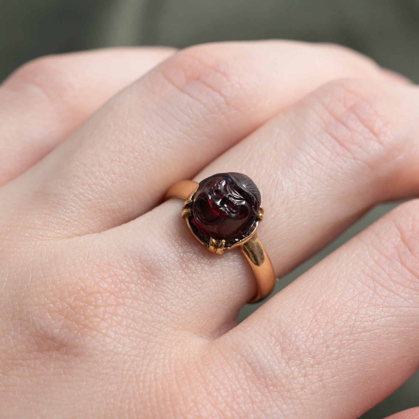 18K Carved Face Garnet Ring | 4.30ct | SZ 6.5