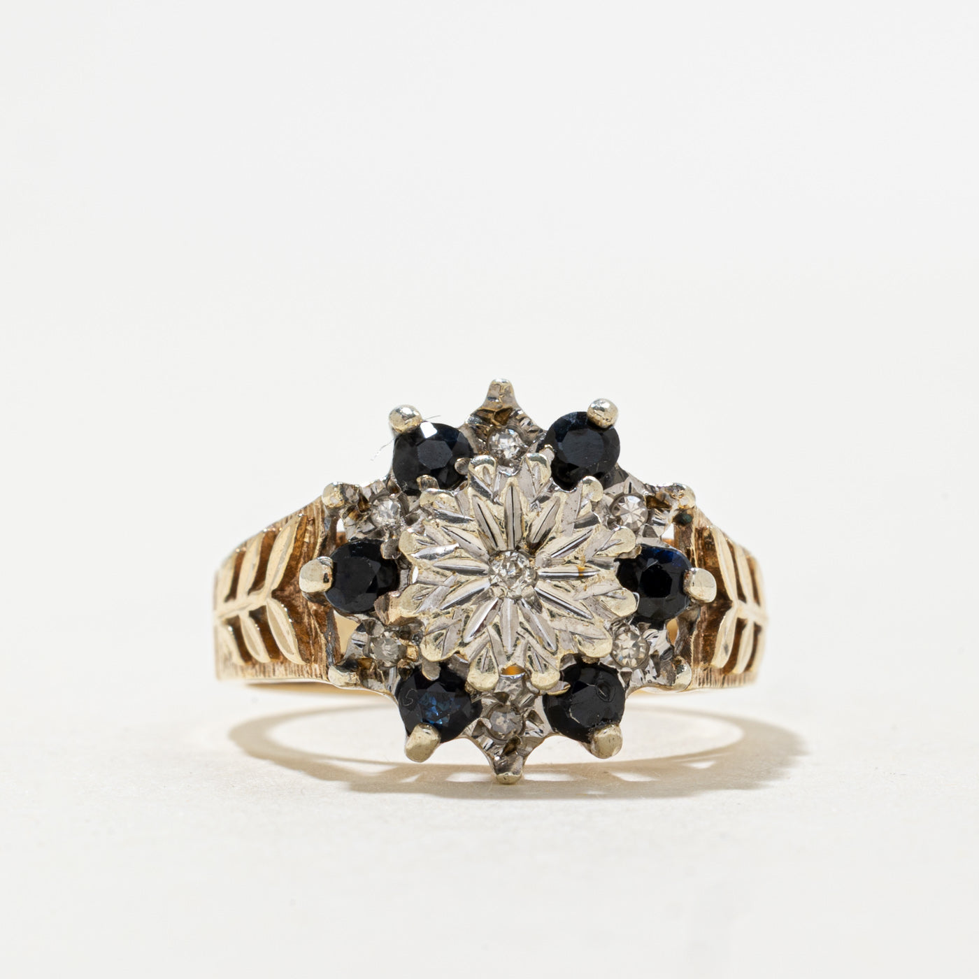 1978 London 9K Sapphire & Diamond Floral Cluster Ring | 0.30ctw, 0.04ctw | SZ 7.5