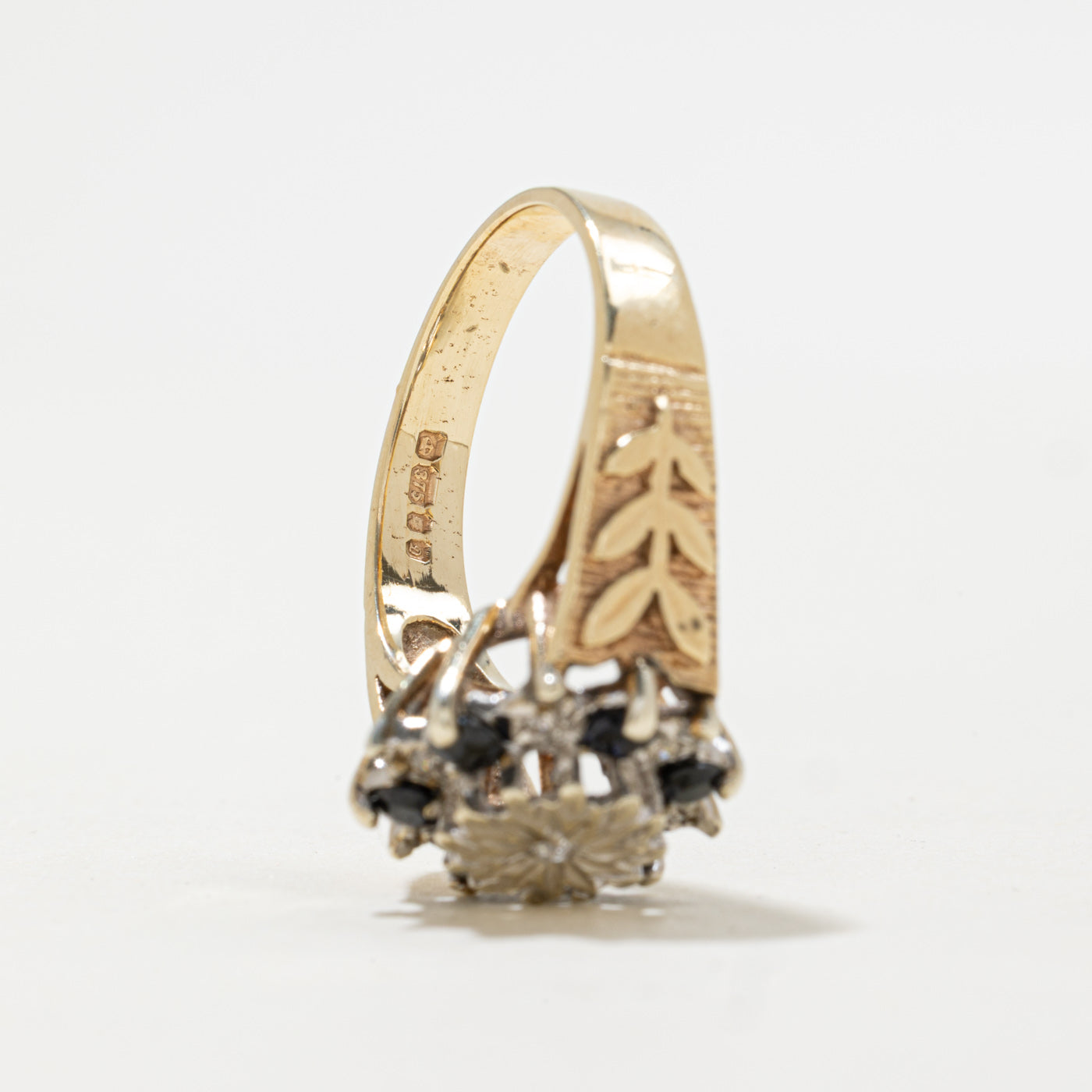 1978 London 9K Sapphire & Diamond Floral Cluster Ring | 0.30ctw, 0.04ctw | SZ 7.5