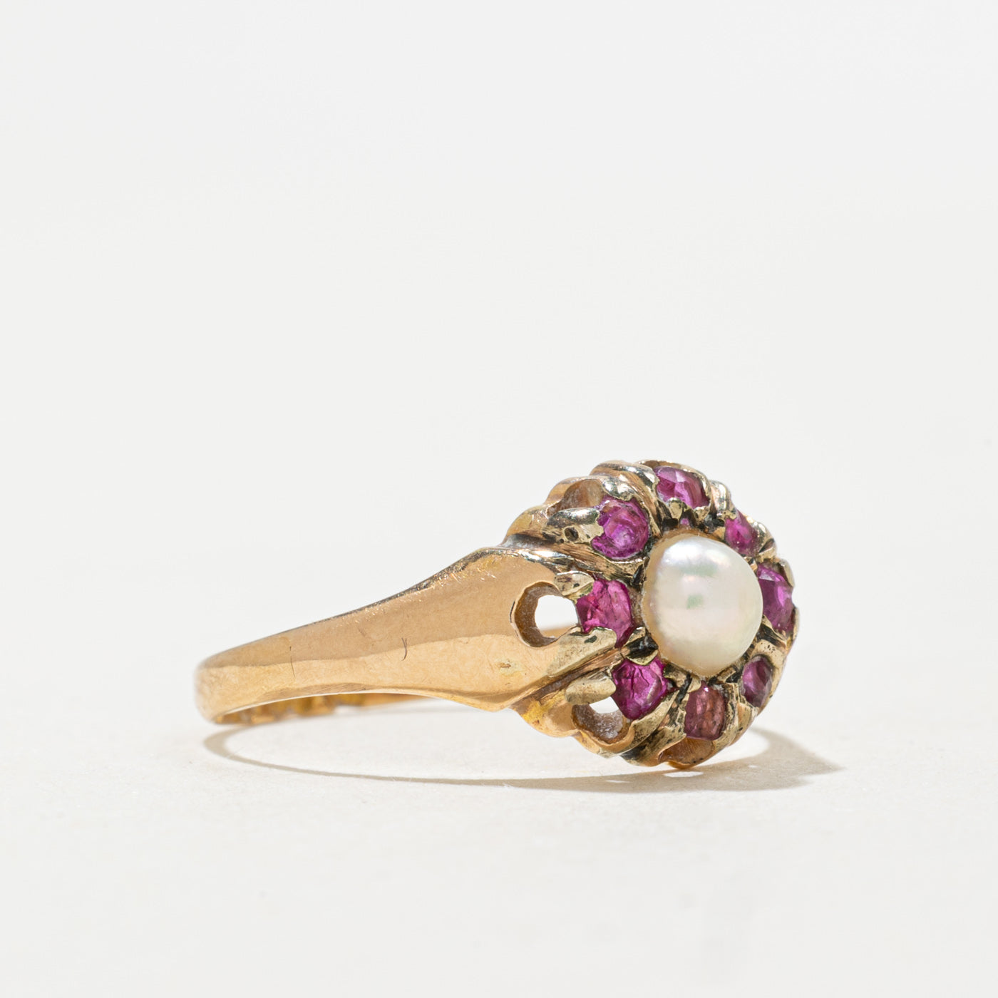 1871 Birmingham 18K Pearl & Ruby Floral Ring | 4.3mm, 0.30ctw | SZ 6.25