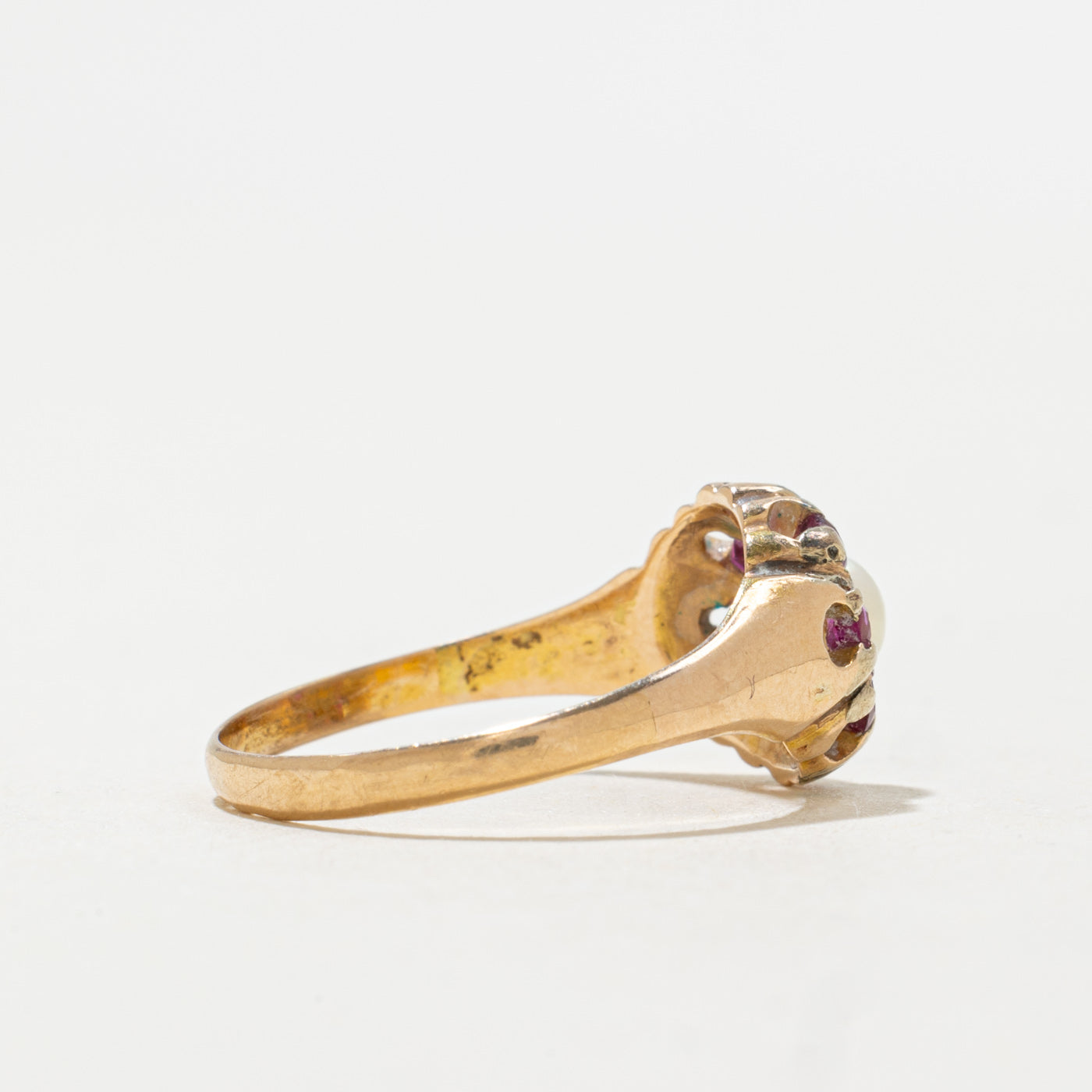 1871 Birmingham 18K Pearl & Ruby Floral Ring | 4.3mm, 0.30ctw | SZ 6.25