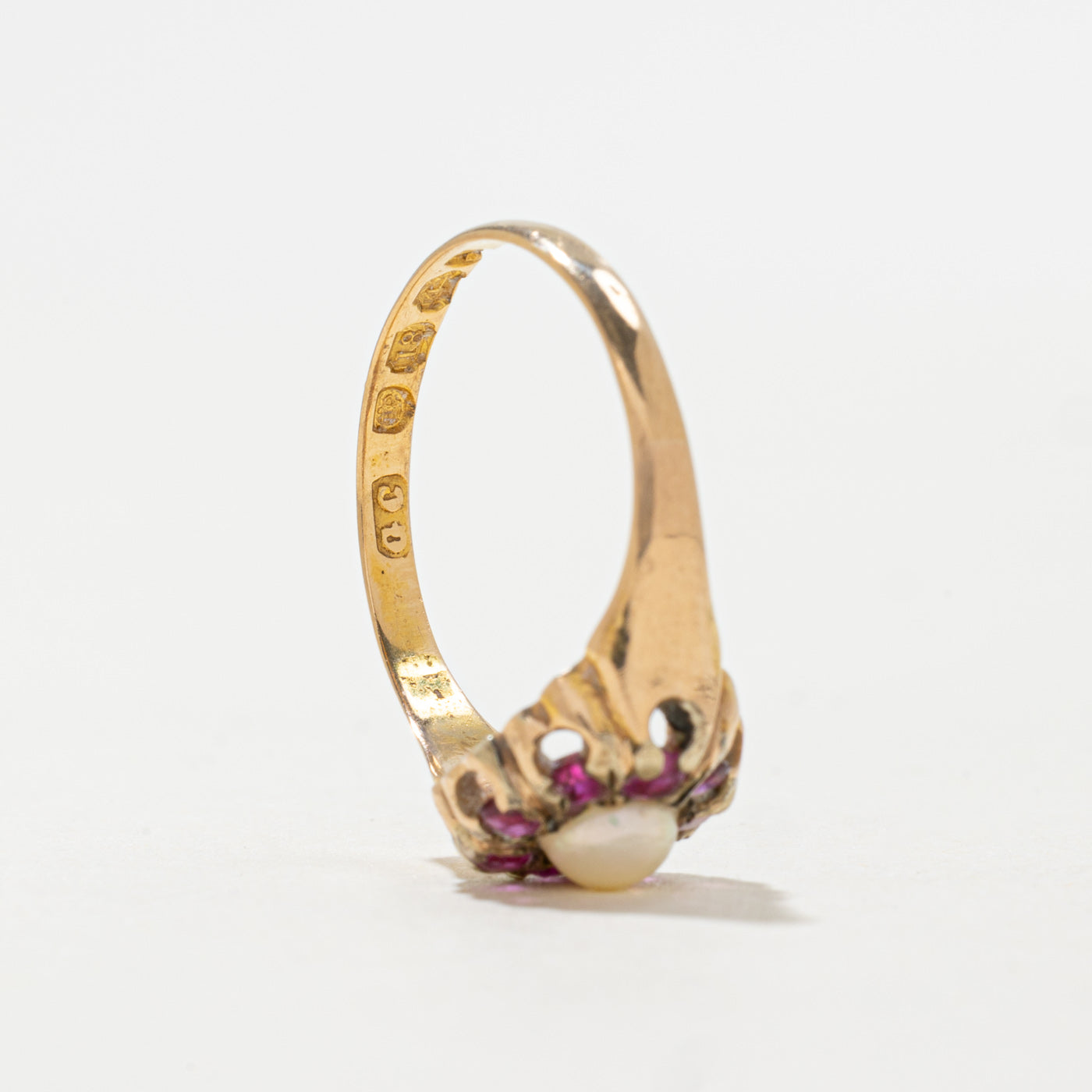1871 Birmingham 18K Pearl & Ruby Floral Ring | 4.3mm, 0.30ctw | SZ 6.25