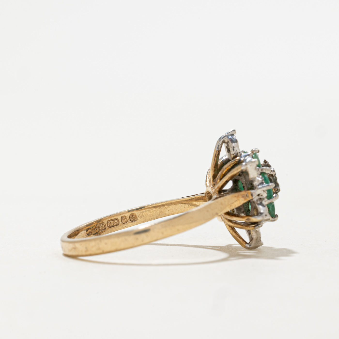 1978 London 9K Emerald & Diamond Floral Floral Cluster | 0.50ctw, 0.04ctw | SZ 7.25