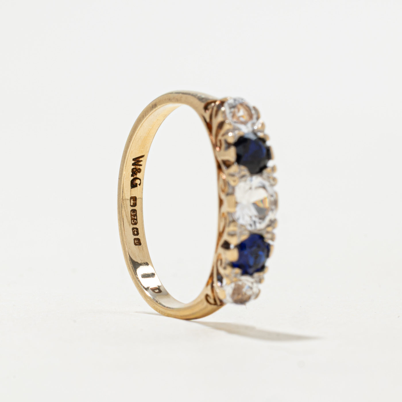 1978 Birmingham 9K Five Stone Glass & Synthetic Sapphire Ring | 0.99ctw | SZ 7.25