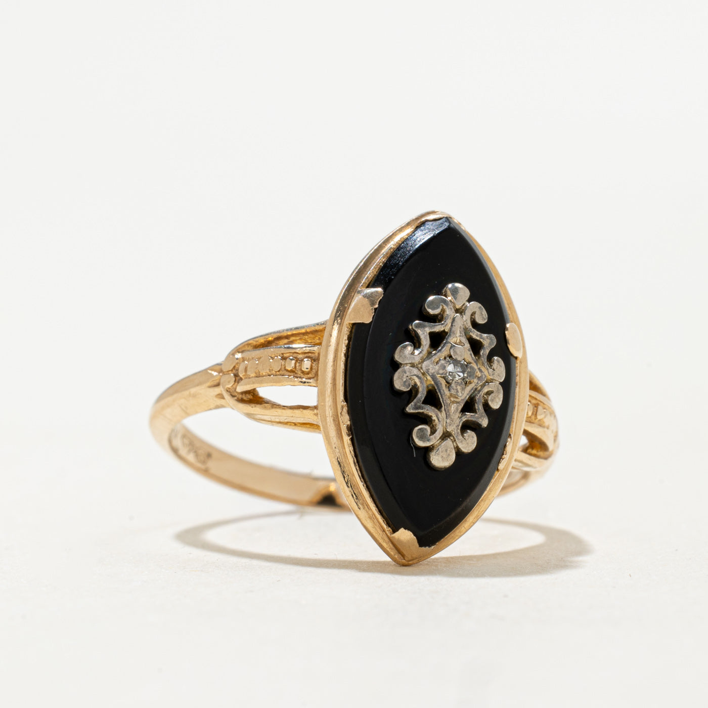 Vintage Canadian 14K Onyx & Diamond Navette Ring | 2.62ct, 0.02ct | SZ 5.75