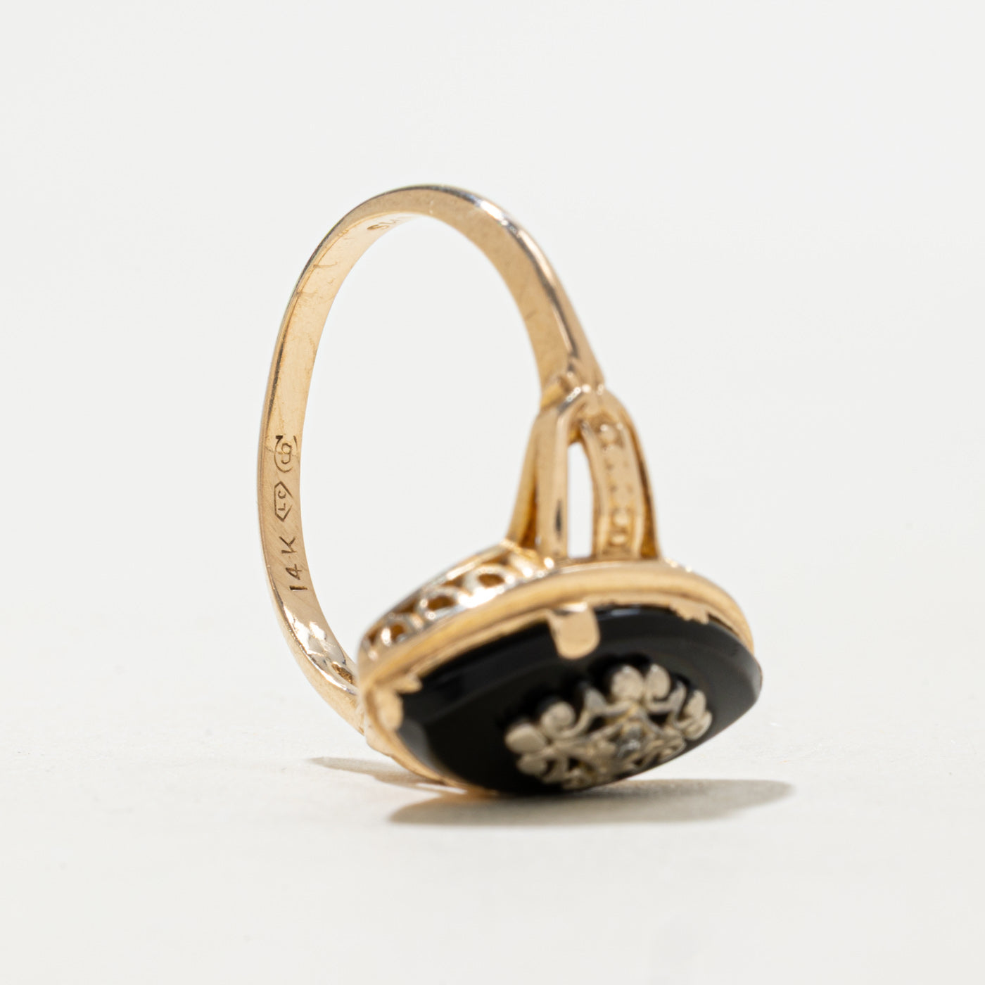 Vintage Canadian 14K Onyx & Diamond Navette Ring | 2.62ct, 0.02ct | SZ 5.75