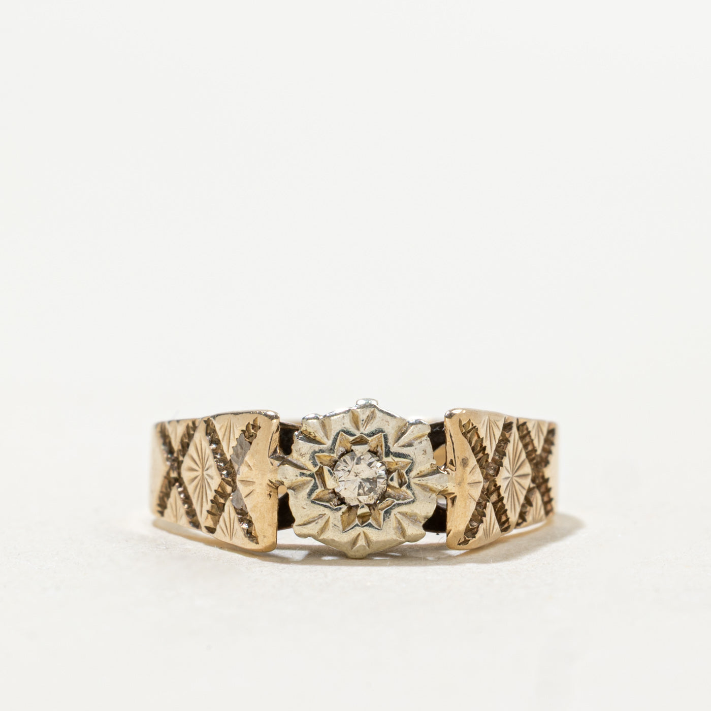 1976 Birmingham 9K Illusion Set Diamond Textured Ring | 0.04ct | SZ 5.25