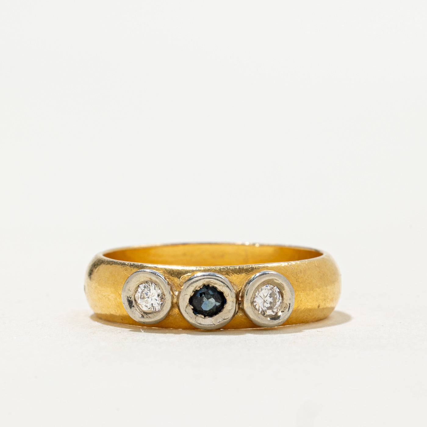 1966 London 22K Three Stone Sapphire & Diamond Band | 0.075ct, 0.10ctw | SZ 5