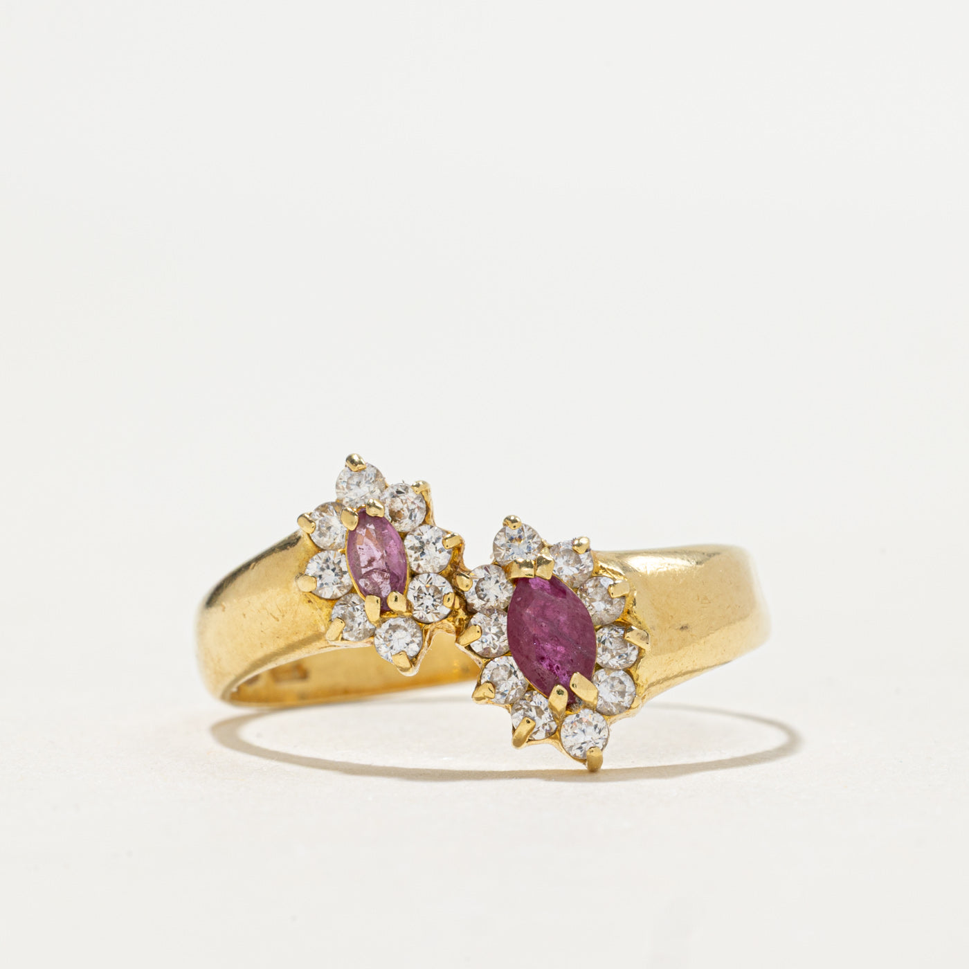 Italian Toi et Moi Marquise Cut Ruby & Diamond Halo Ring | 0.15ctw, 0.25ctw | SZ 9