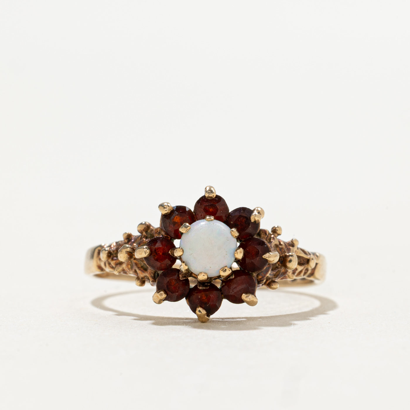 1976 London 9K Opal & Garnet Floral Cluster Ring | 0.49ctw | SZ 7