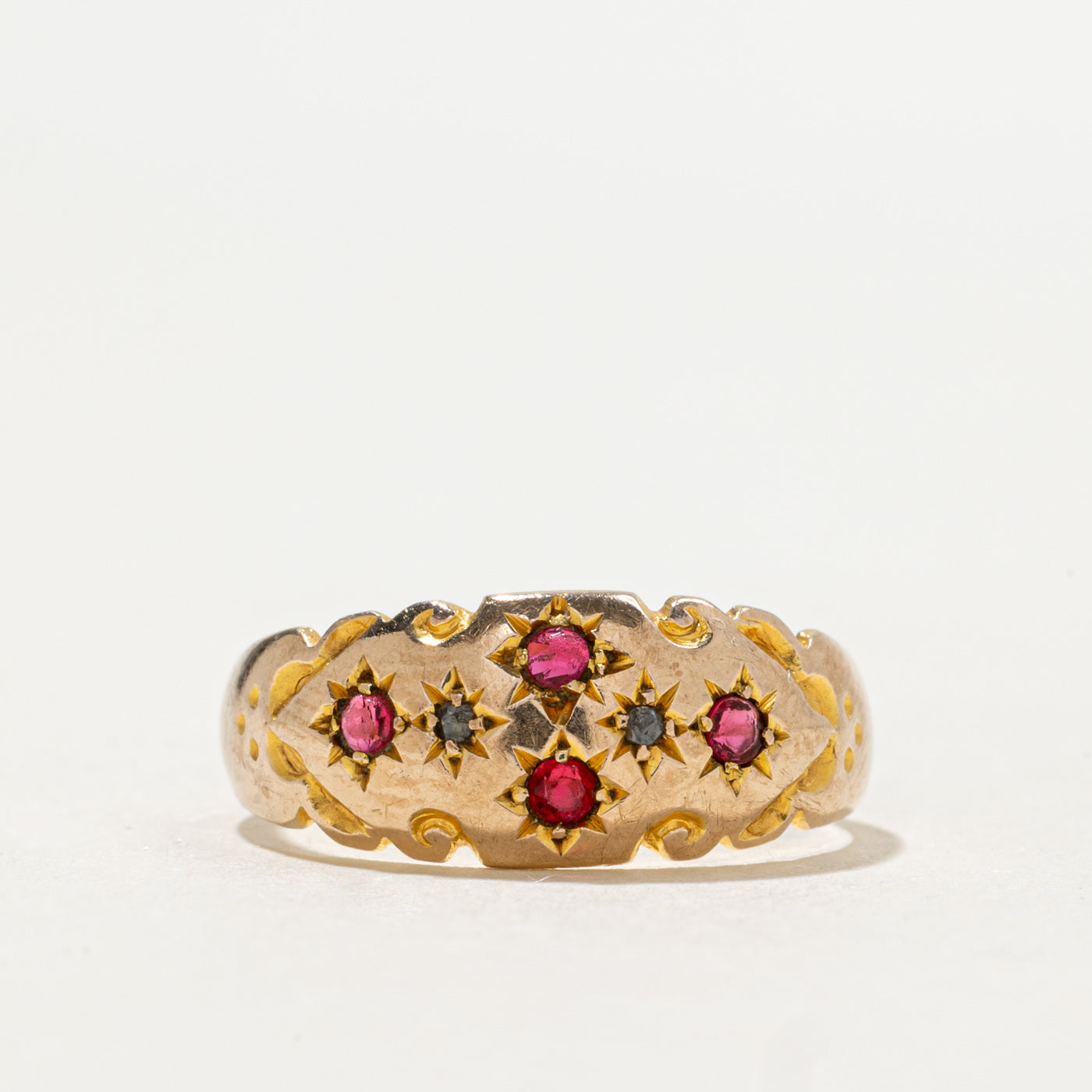 Antique Chester 9K Red Glass & Rose Cut Diamond Engraved Ring | 0.20ctw, 0.01ctw | SZ 6