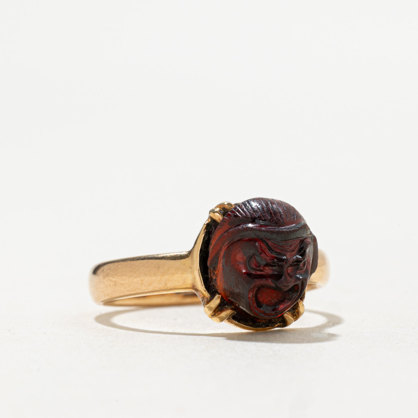 18K Carved Face Garnet Ring | 4.30ct | SZ 6.5