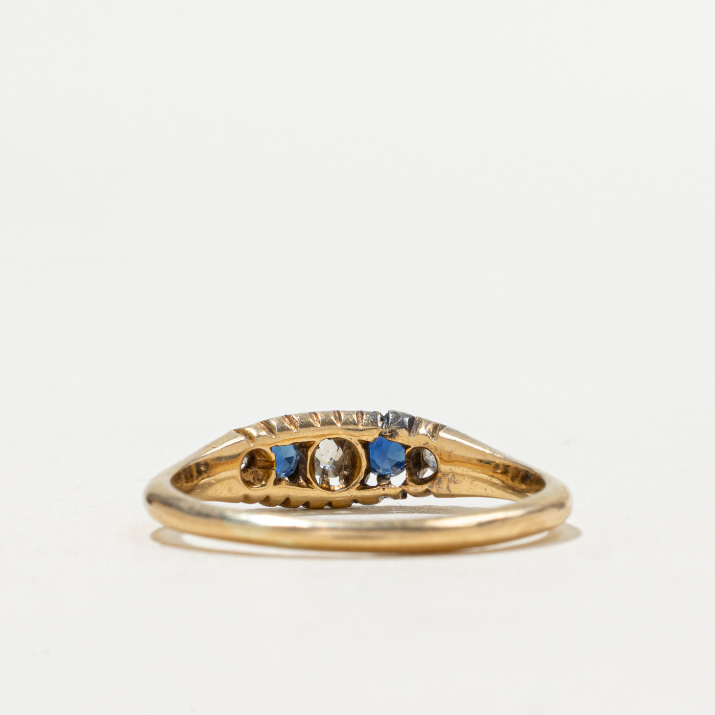 Antique UK 18K Sapphire & Diamond Boat Ring | 0.06ctw, 0.10ctw | SZ 6.5