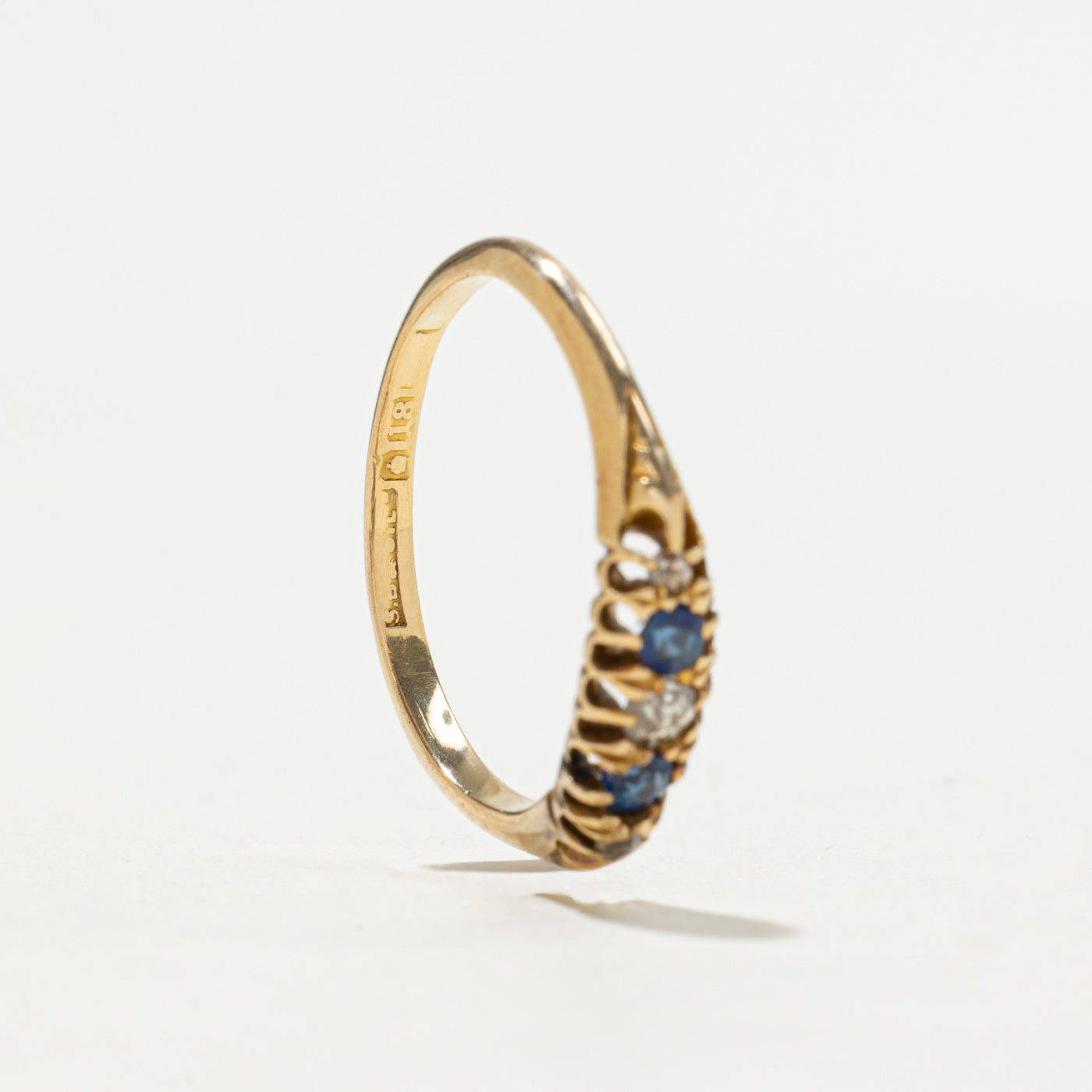 Antique UK 18K Sapphire & Diamond Boat Ring | 0.06ctw, 0.10ctw | SZ 6.5