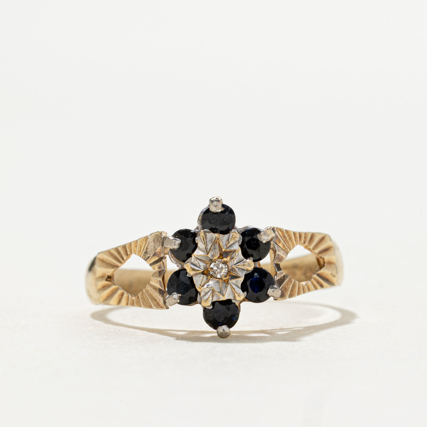 1975 London 9K Sapphire & Diamond Floral Cluster Ring | 0.30ctw, 0.10ct | SZ 7.75