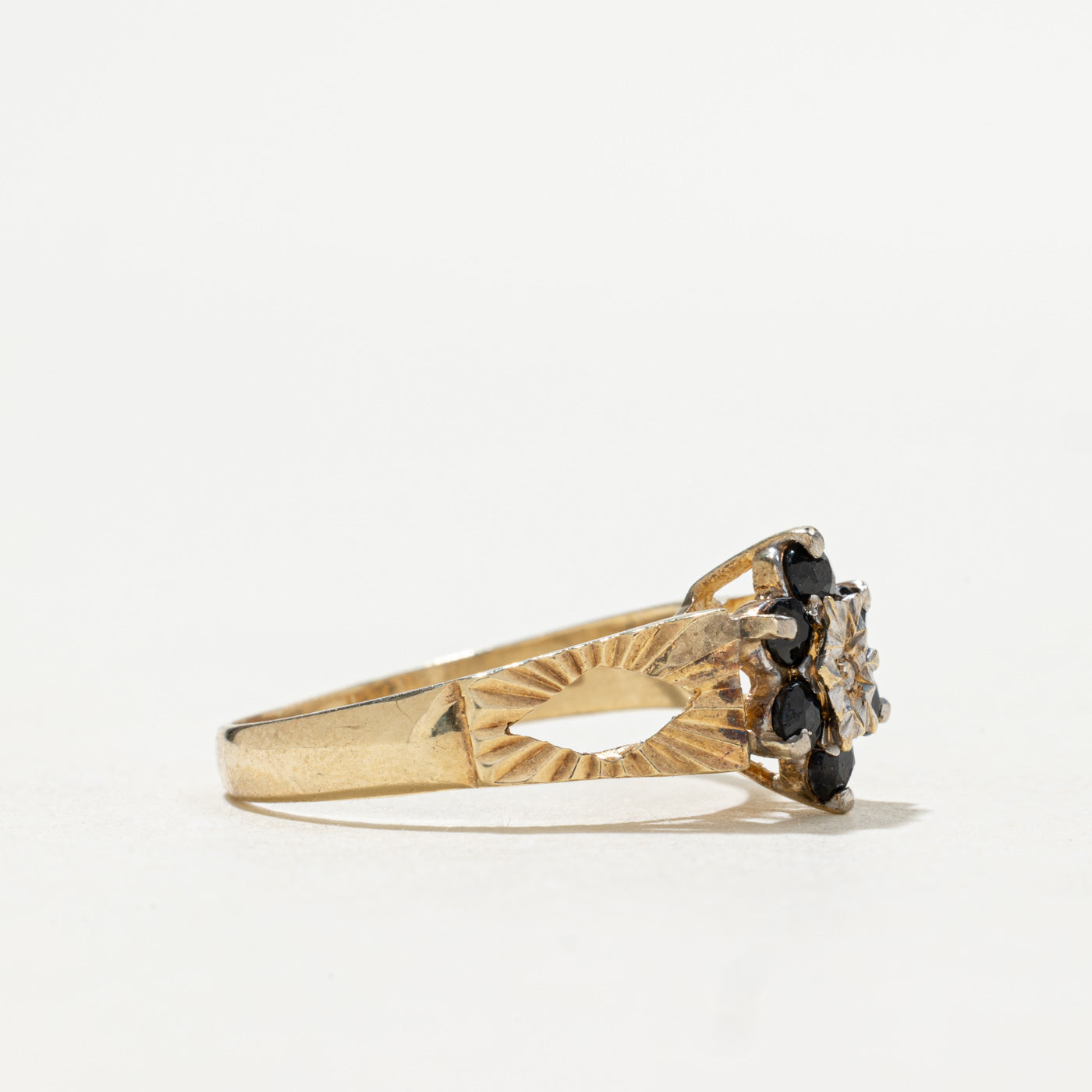 1975 London 9K Sapphire & Diamond Floral Cluster Ring | 0.30ctw, 0.10ct | SZ 7.75