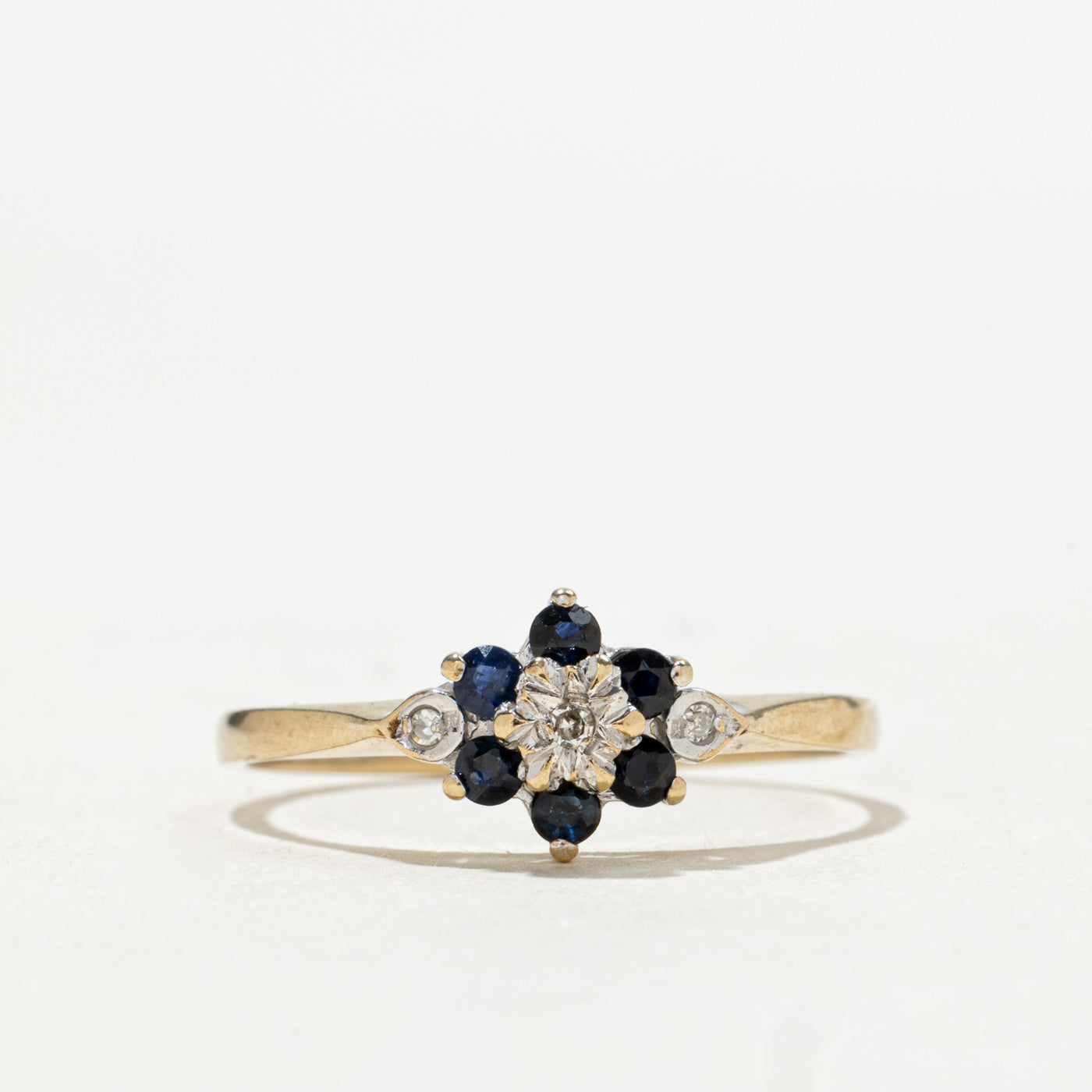 1985 London 9K Sapphire & Diamond Floral Cluster Ring | 0.18ctw, 0.02ct | SZ 7.25