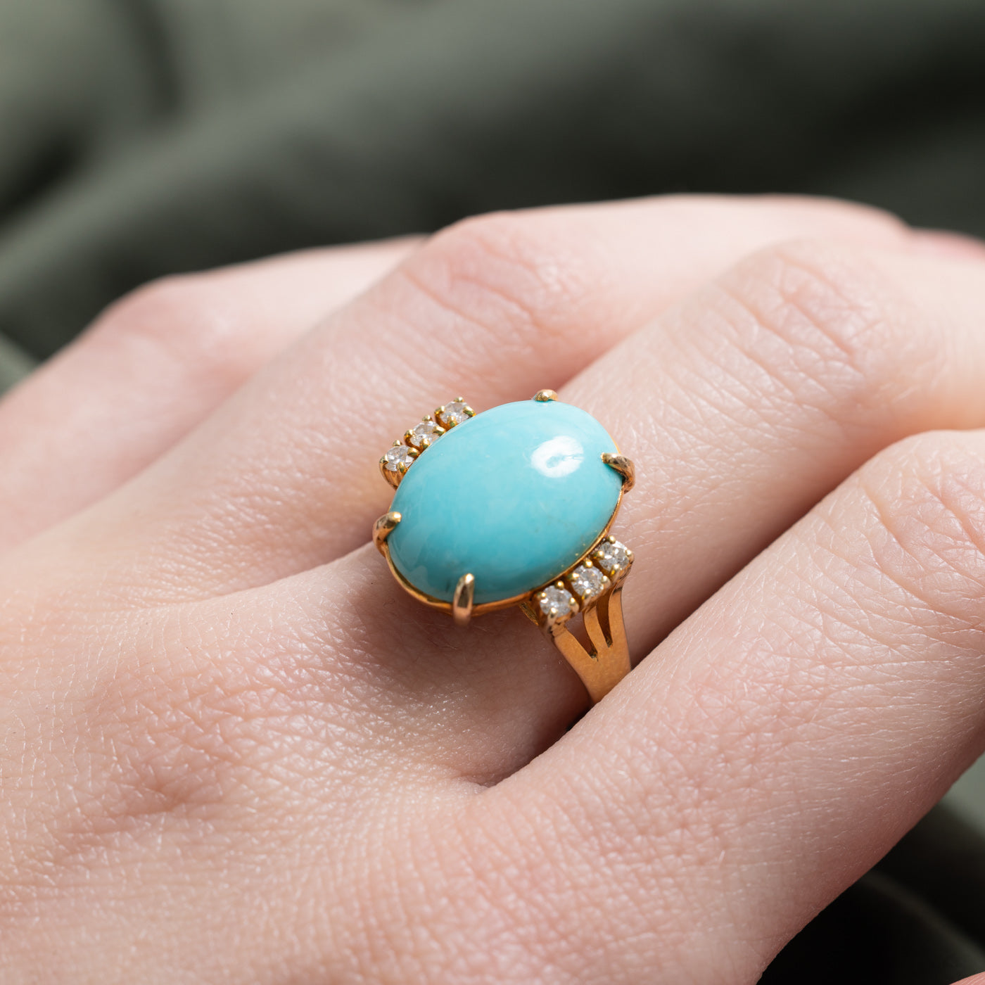 Oval Cabochon Turquoise & Diamond Cocktail Ring | 5.50ct, 0.15ctw | SZ 6.5